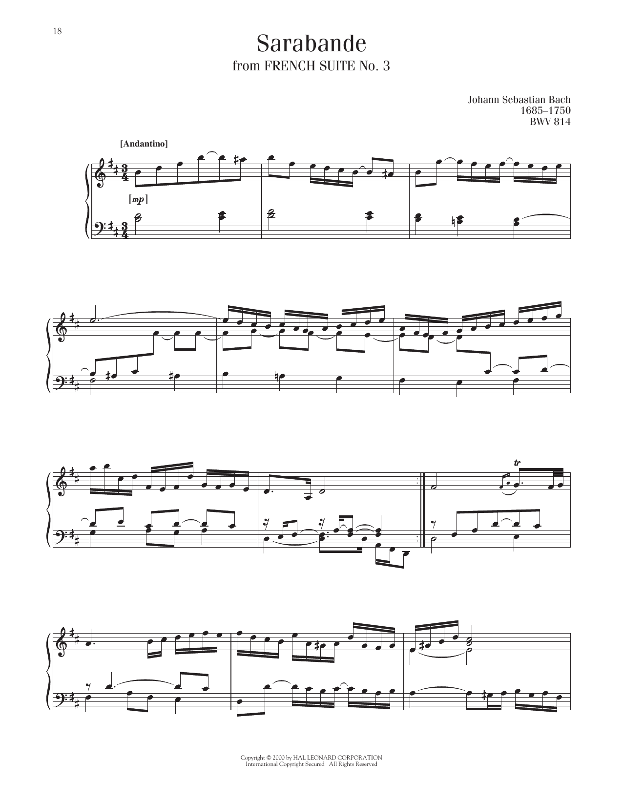 Johann Sebastian Bach Sarabande, BWV 814 sheet music notes and chords arranged for Piano Solo