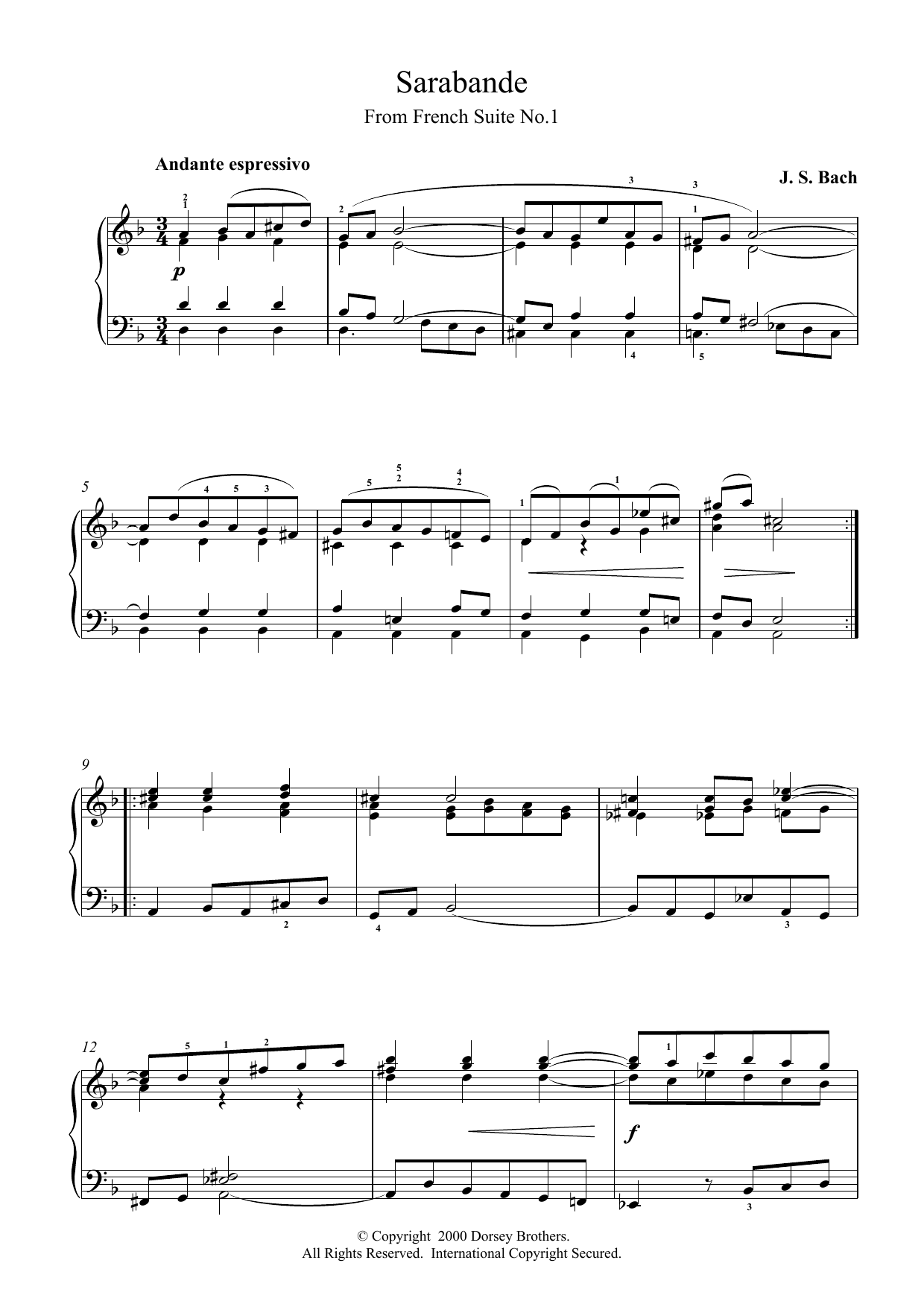 Johann Sebastian Bach Sarabande From Cello Suite in E Flat sheet music notes and chords arranged for Piano Solo