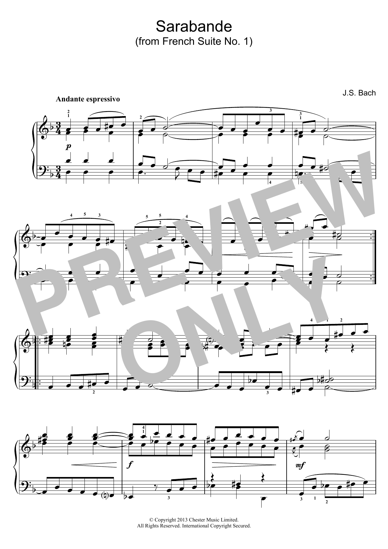 Johann Sebastian Bach Sarabande (from French Suite No. 1) sheet music notes and chords arranged for Piano Solo