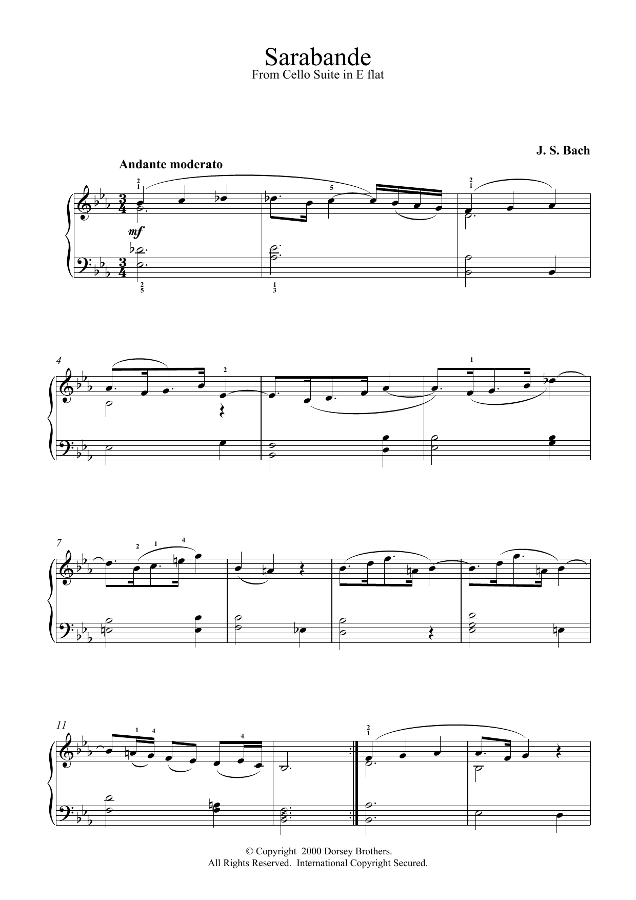 Johann Sebastian Bach Sarabande From French Suite No.1 sheet music notes and chords arranged for Piano Solo