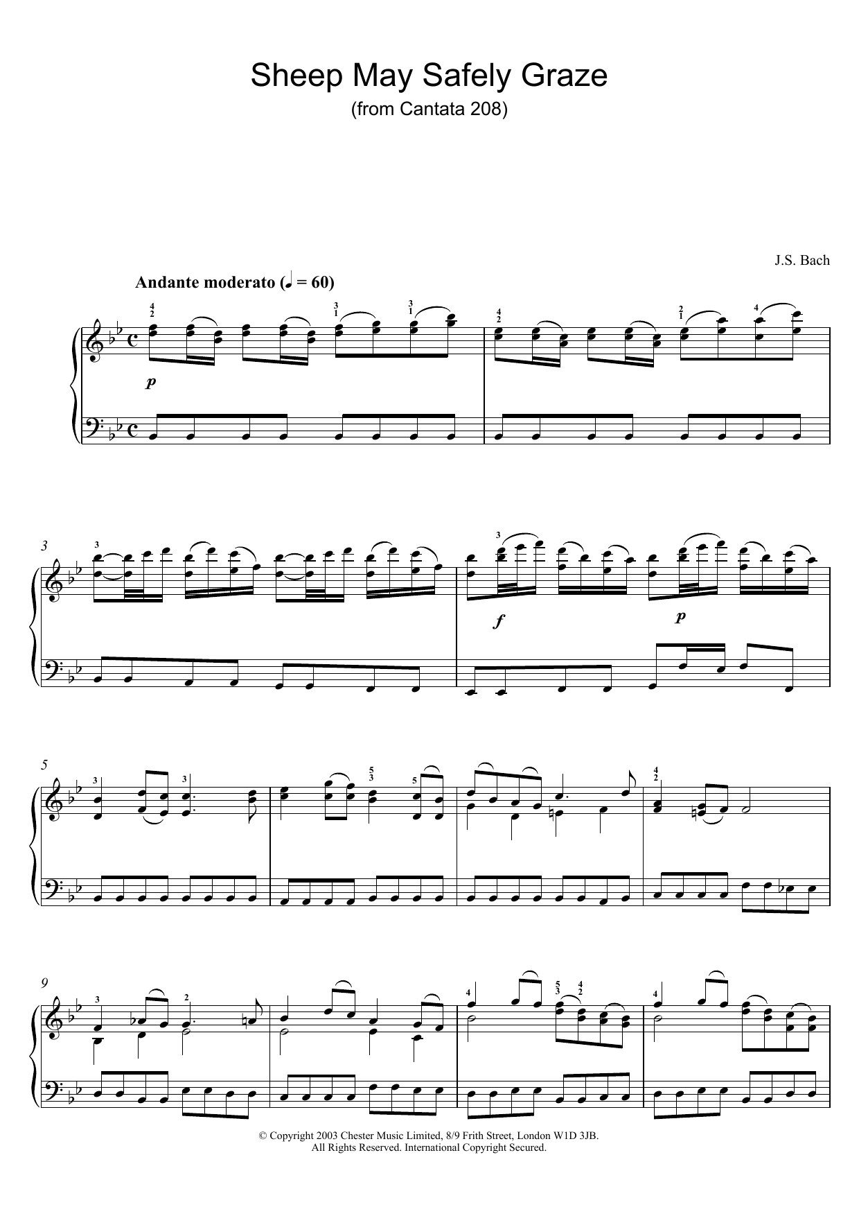 Johann Sebastian Bach Sheep May Safely Graze (from Cantata 208) sheet music notes and chords arranged for Piano Solo