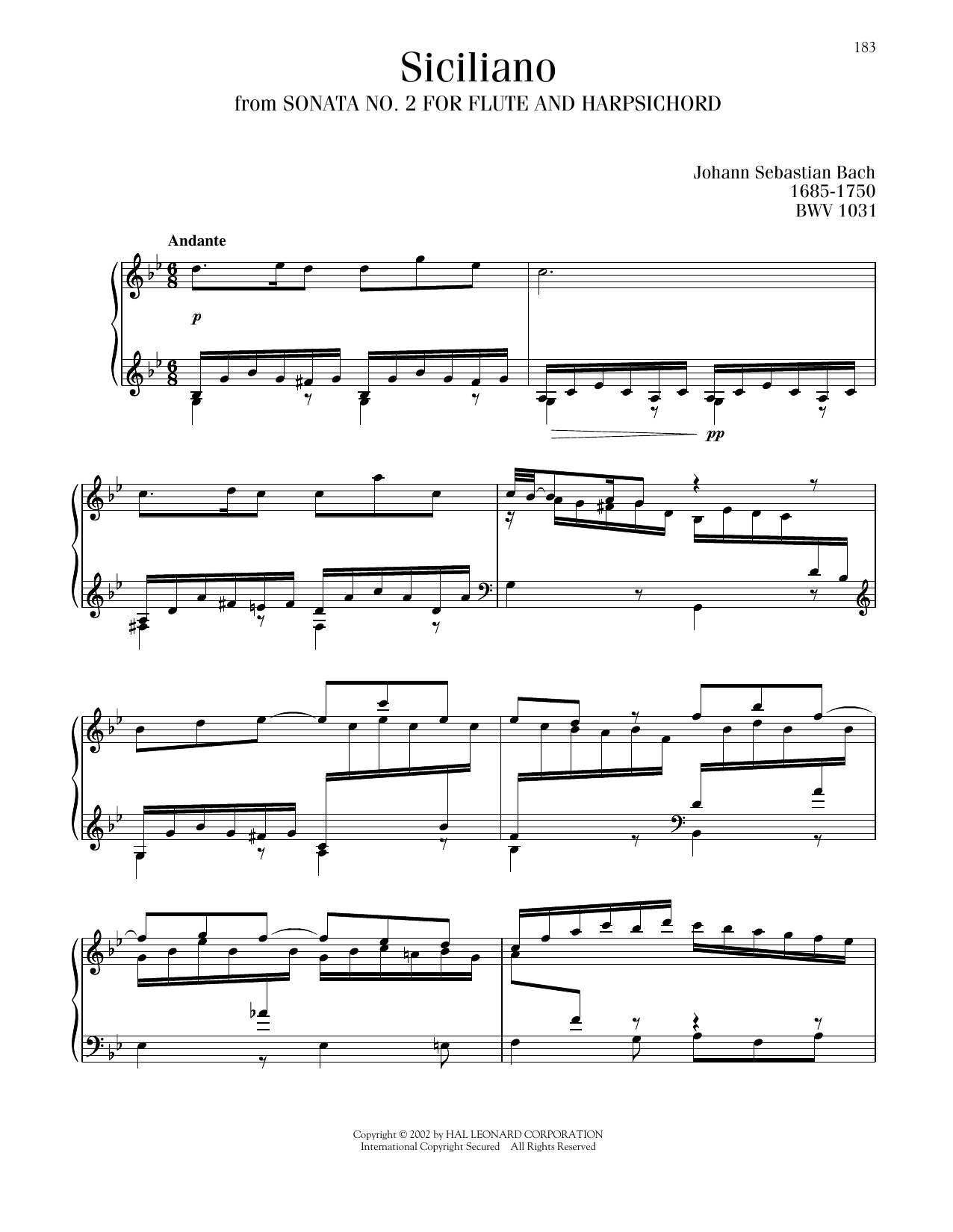Johann Sebastian Bach Siciliano, BWV 1031 sheet music notes and chords arranged for Piano Solo