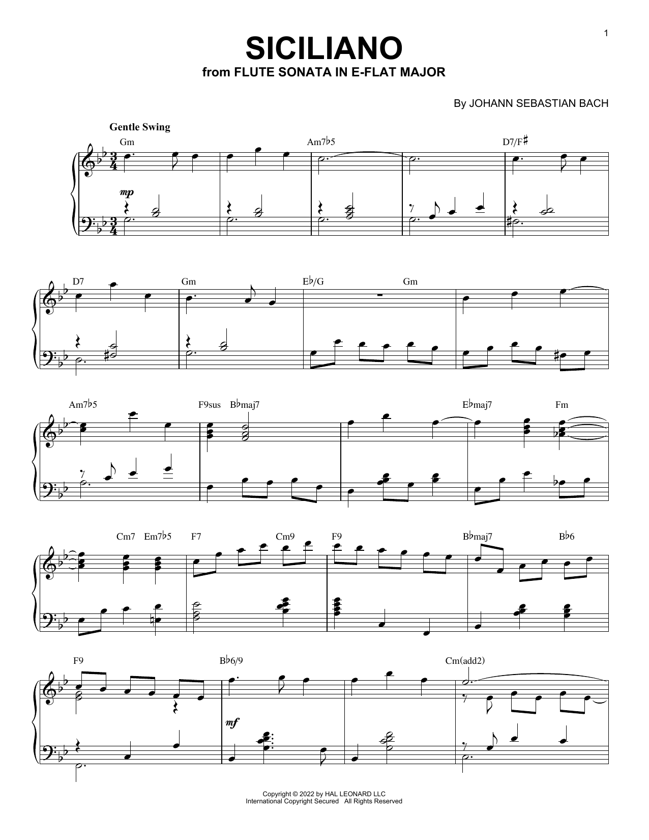 Johann Sebastian Bach Siciliano [Jazz version] (arr. Brent Edstrom) sheet music notes and chords arranged for Piano Solo