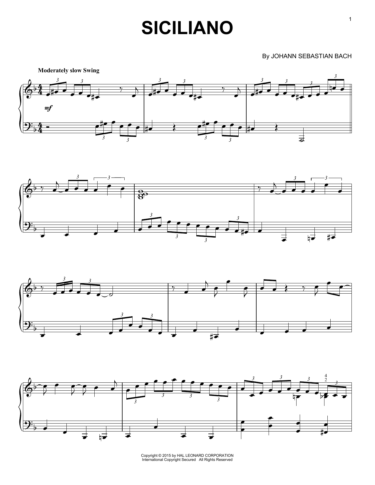 Johann Sebastian Bach Siciliano [Jazz version] sheet music notes and chords arranged for Piano Solo