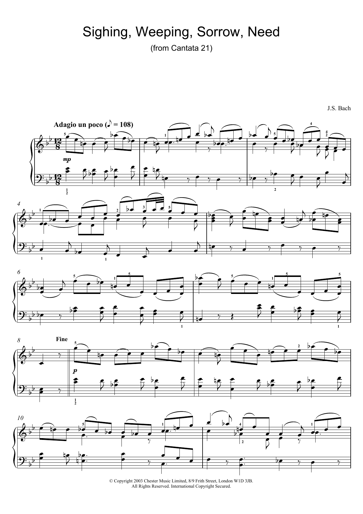 Johann Sebastian Bach Sighing, Weeping, Sorrow, Need (from Cantata 21) sheet music notes and chords arranged for Piano Solo