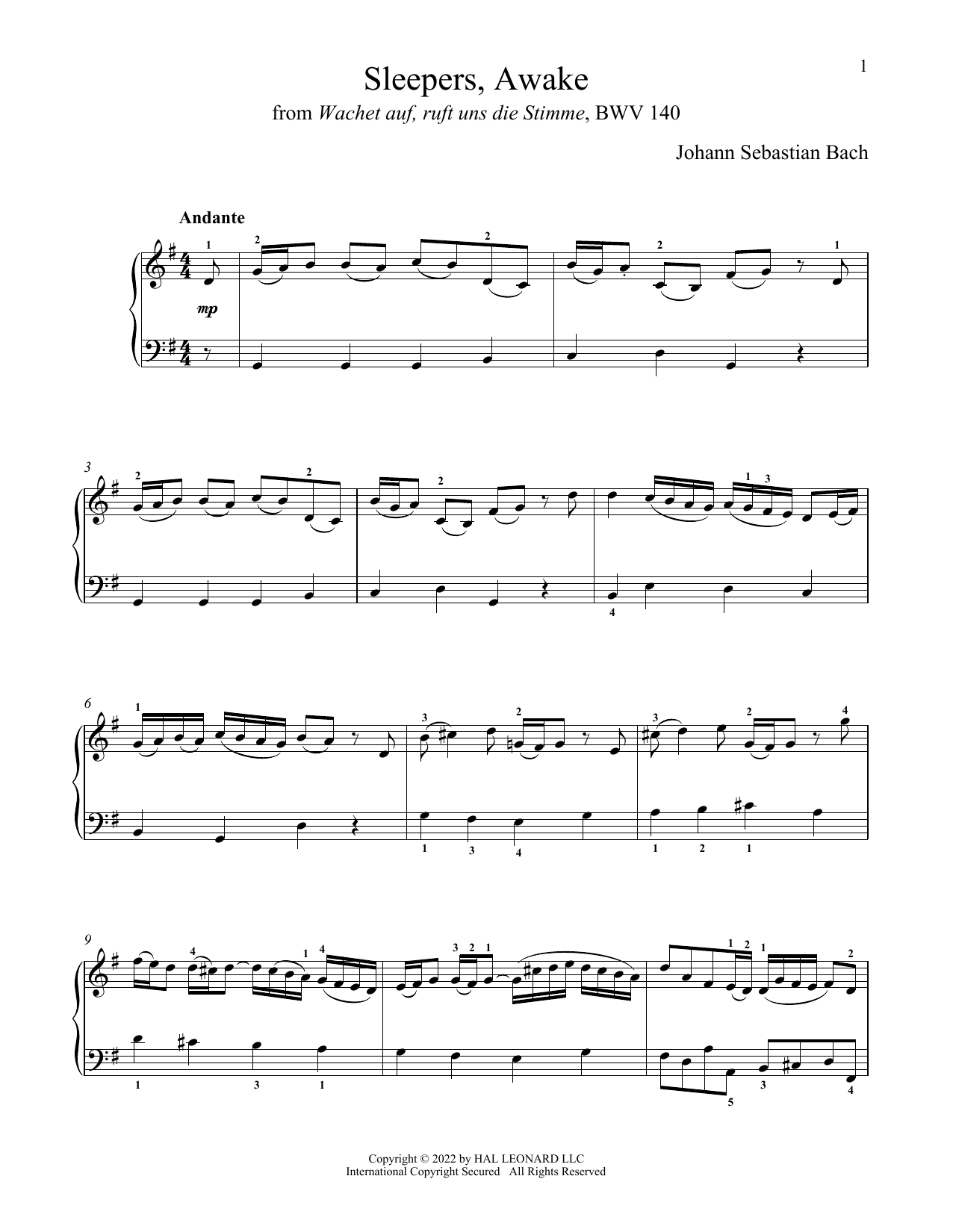Johann Sebastian Bach Sleepers, Awake, BWV 140 (Wachet Auf) sheet music notes and chords arranged for Piano Solo
