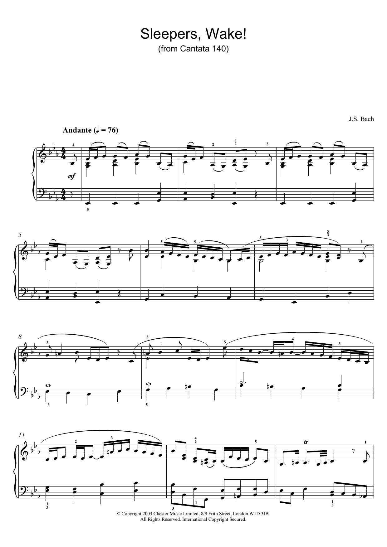 Johann Sebastian Bach Sleepers, Wake! (from Cantata 140) sheet music notes and chords arranged for Piano Solo