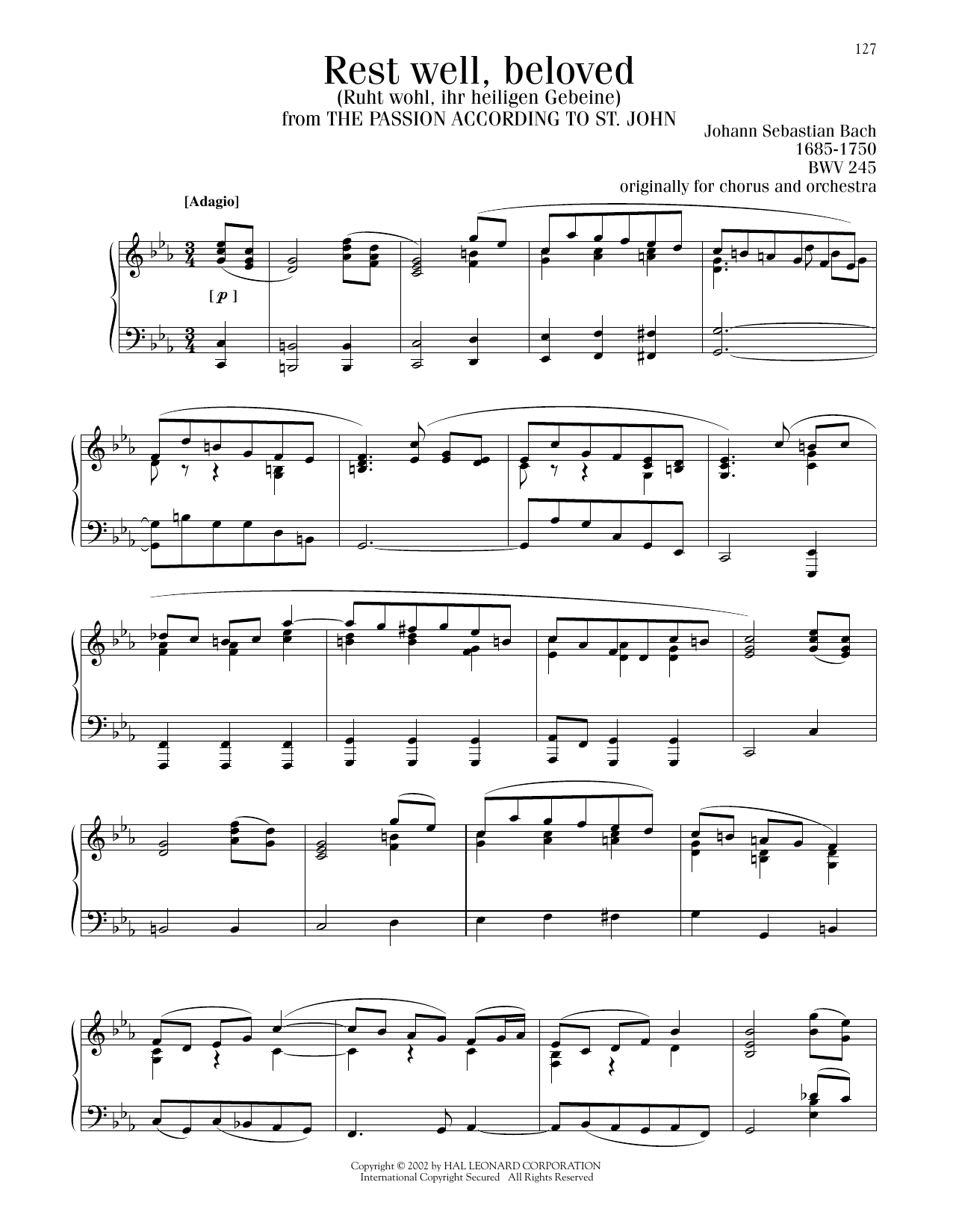 Johann Sebastian Bach Slumber, Beloved sheet music notes and chords arranged for Piano Solo