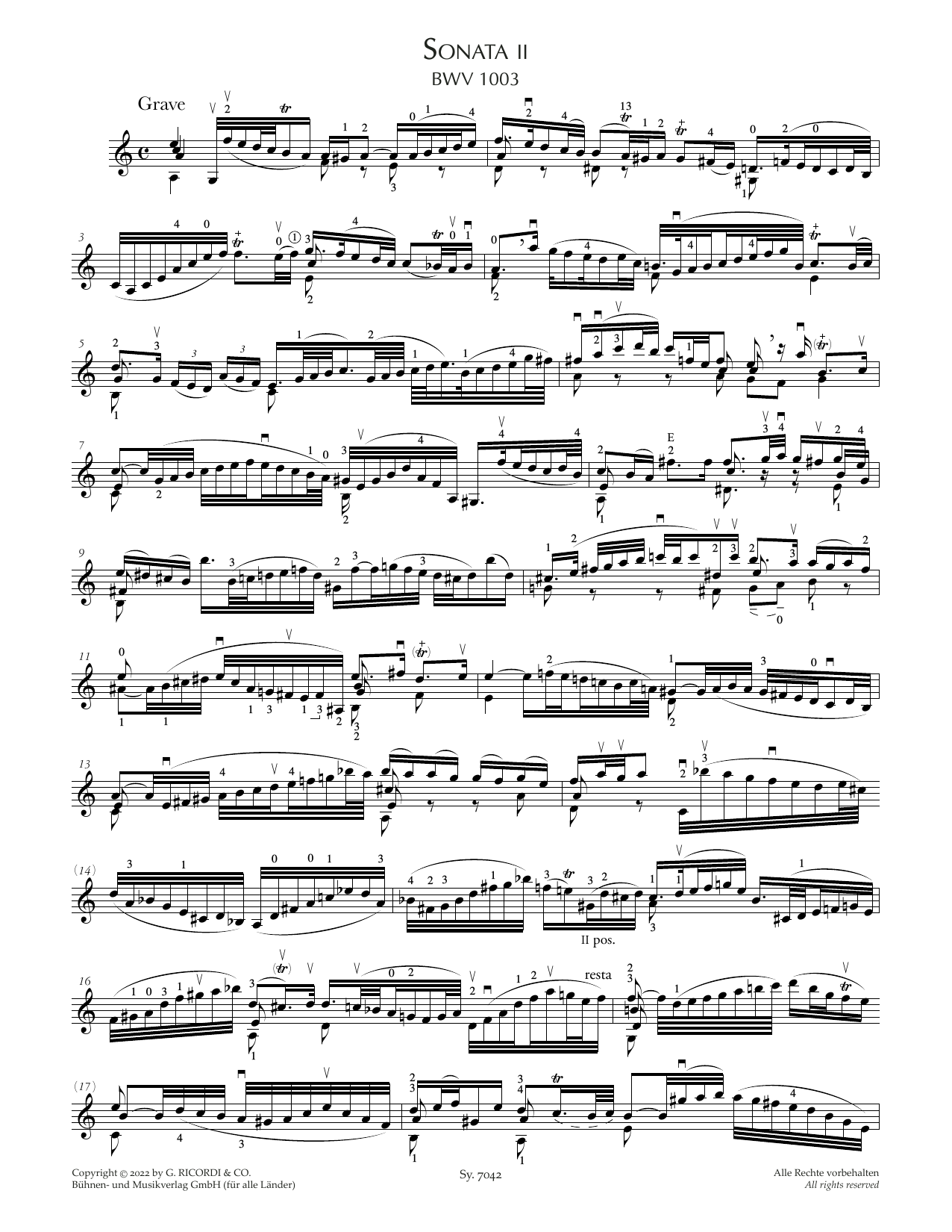 Johann Sebastian Bach Sonata II, BWV 1003 sheet music notes and chords arranged for Violin Solo