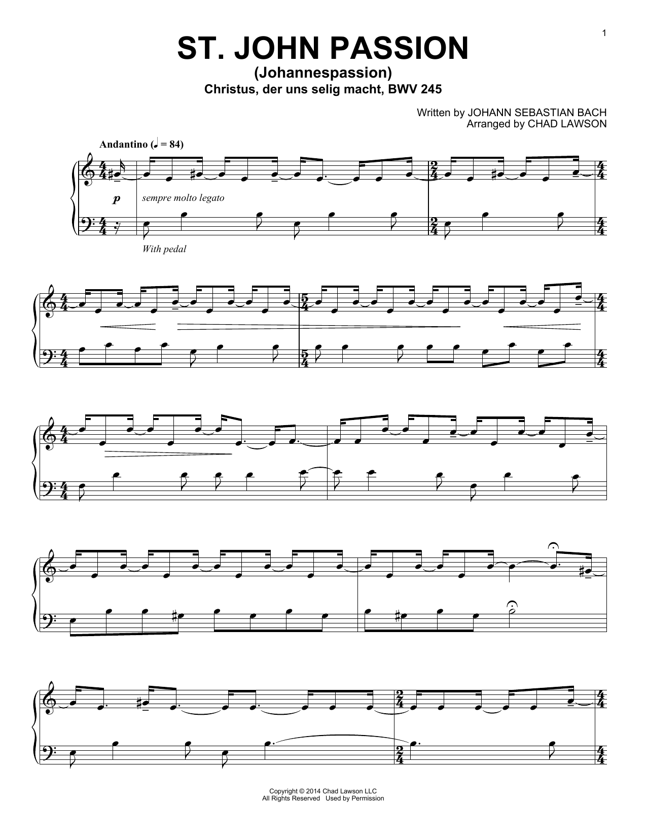 Johann Sebastian Bach St. John Passion (Johannespassion) Christus Der Uns Selig Macht, BWV 245 (arr. Chad Lawson) sheet music notes and chords arranged for Piano Solo