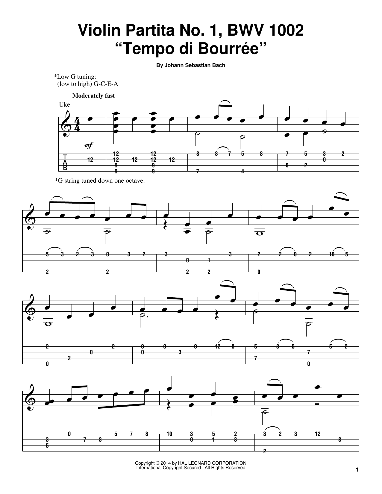 Johann Sebastian Bach Tempo Di Bourree, BWV 1002 sheet music notes and chords arranged for Ukulele