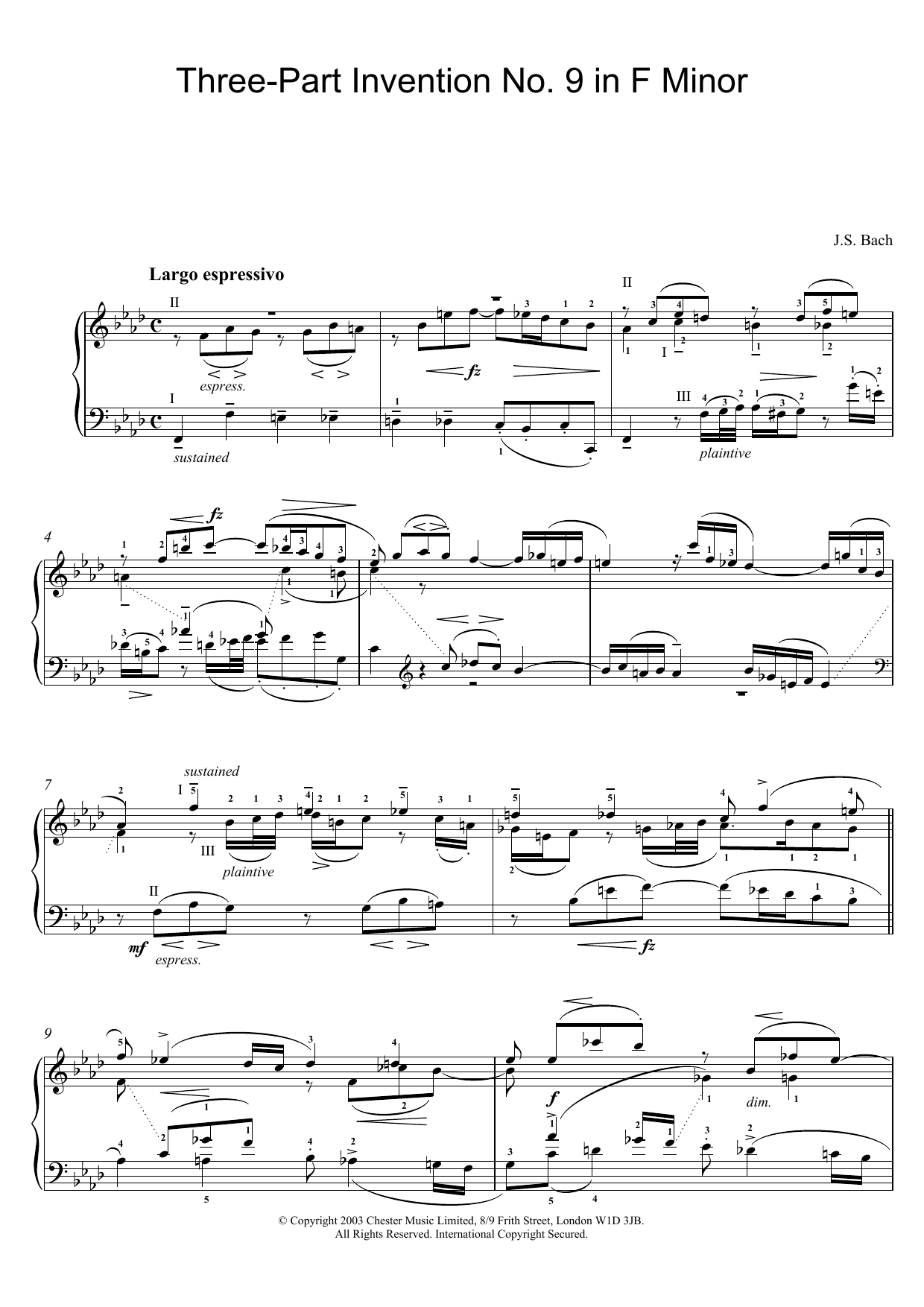 Johann Sebastian Bach Three-Part Invention No. 9 in F Minor sheet music notes and chords arranged for Piano Solo