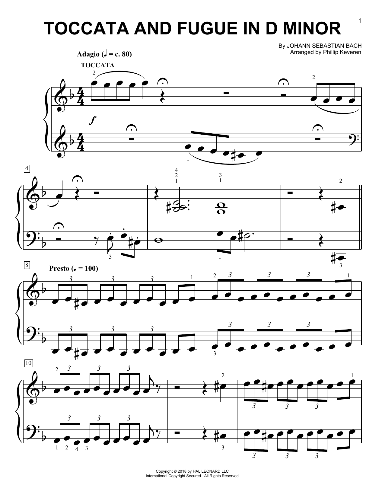 Johann Sebastian Bach Toccata And Fugue In D Minor (arr. Phillip Keveren) sheet music notes and chords arranged for Big Note Piano