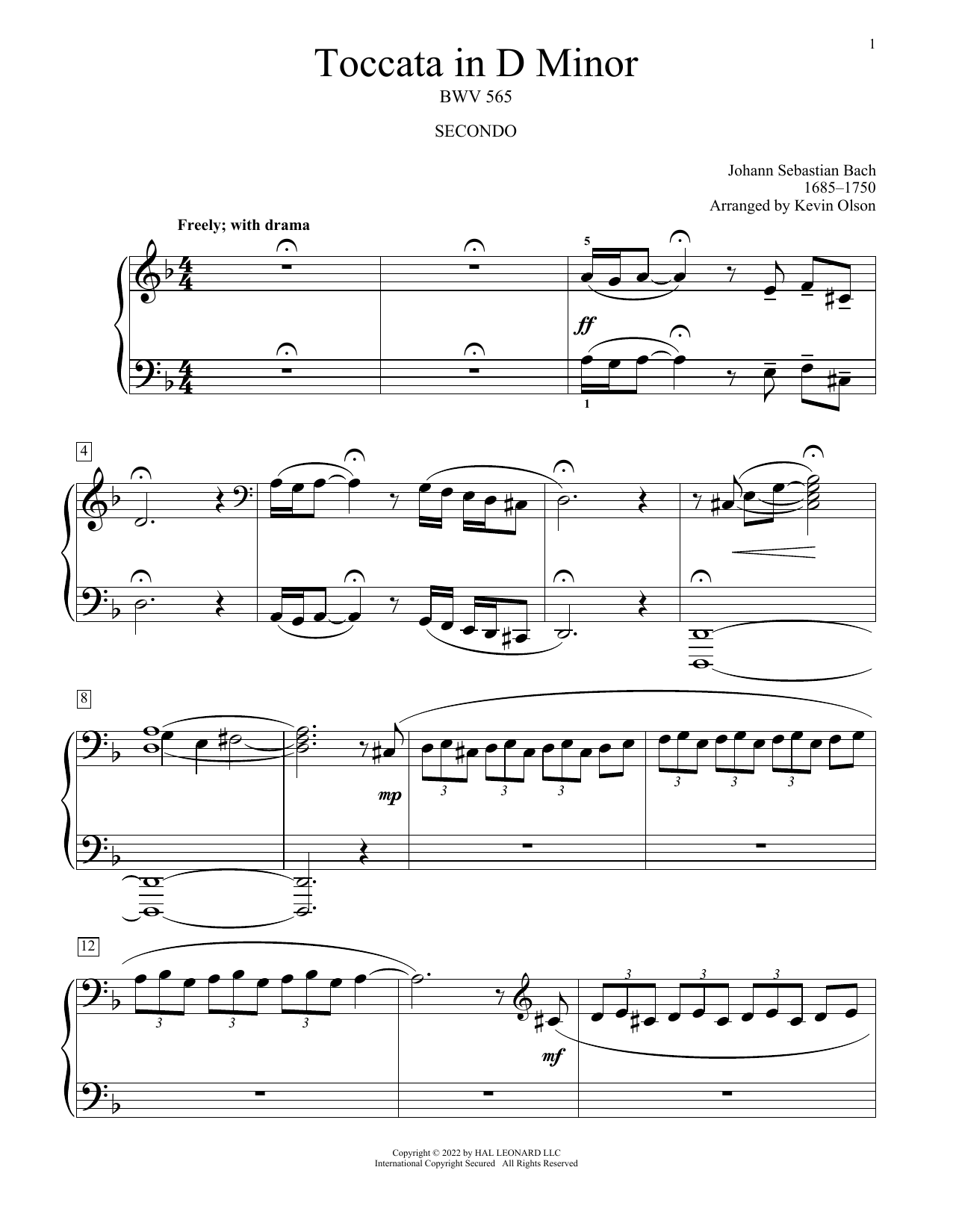 Johann Sebastian Bach Toccata And Fugue In D Minor, BWV 565 (arr. Kevin Olson) sheet music notes and chords arranged for Piano Duet