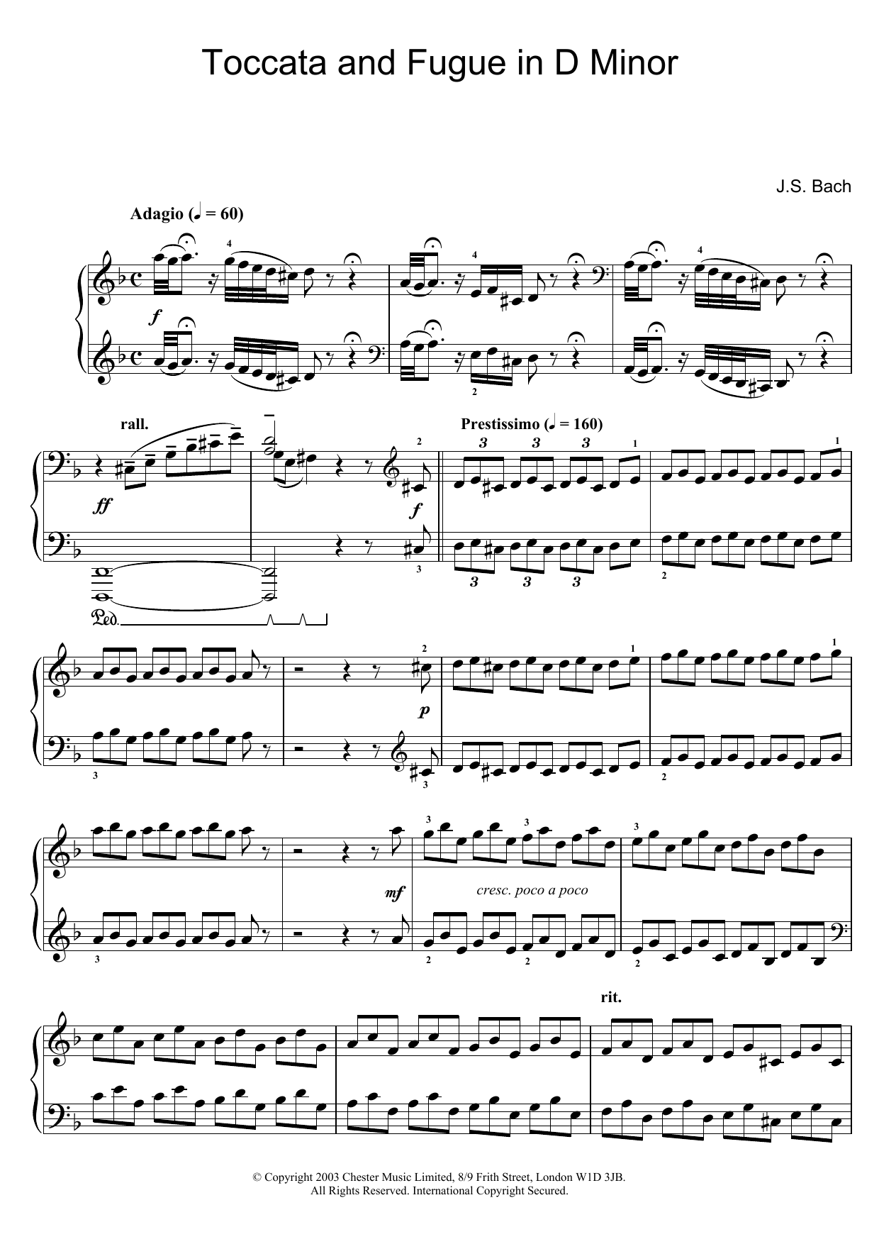 Johann Sebastian Bach Toccata And Fugue In D Minor sheet music notes and chords arranged for Piano Solo
