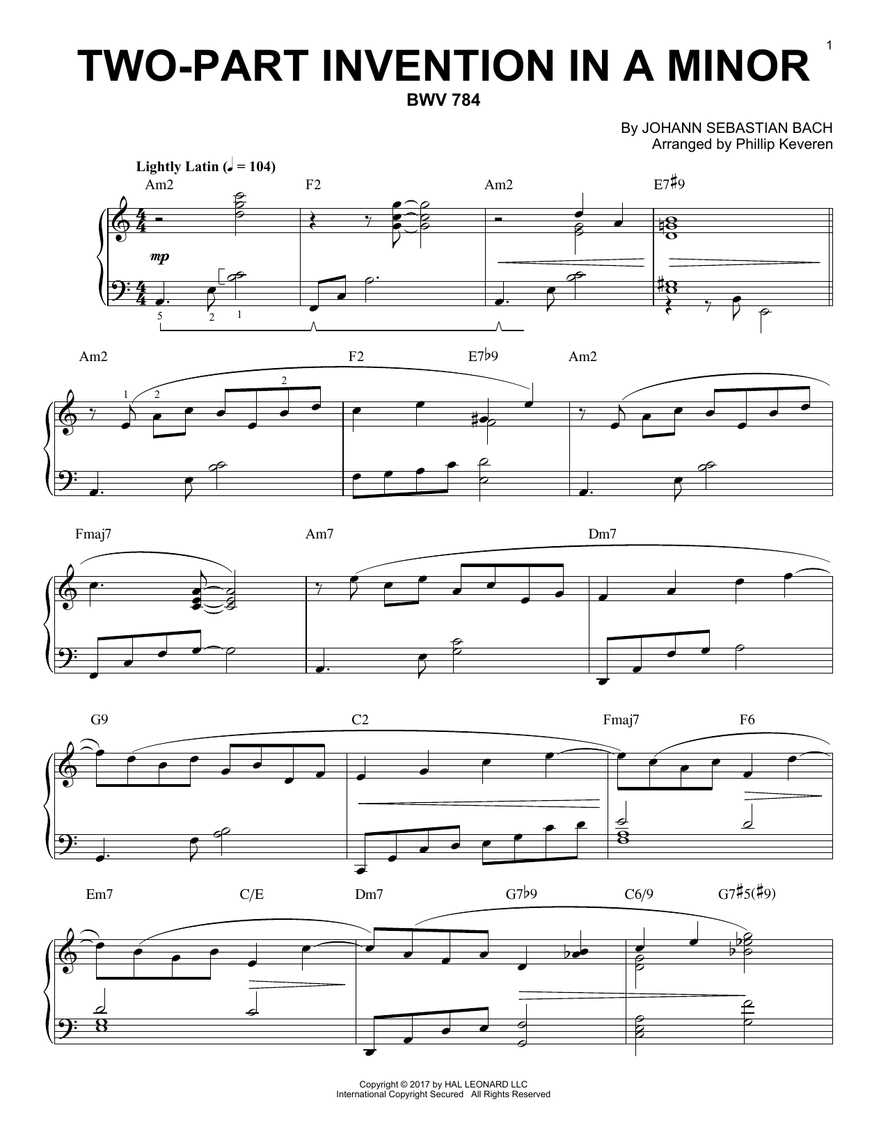 Johann Sebastian Bach Two-Part Invention In A Minor, BWV 784 [Jazz version] (arr. Phillip Keveren) sheet music notes and chords arranged for Piano Solo