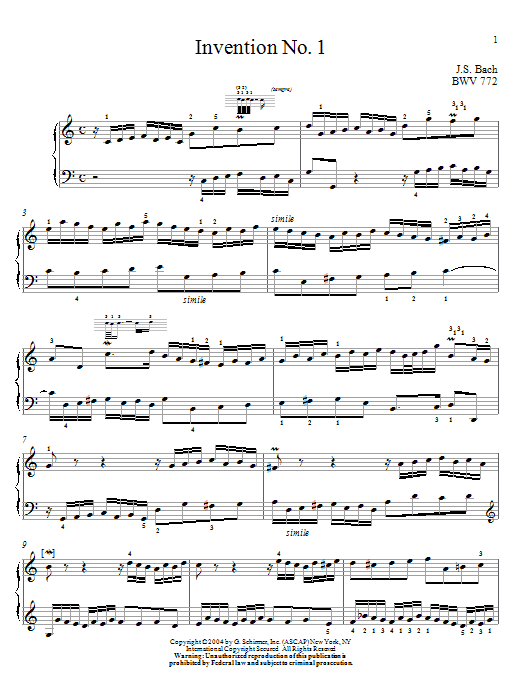 Johann Sebastian Bach Two-Part Invention In C Major sheet music notes and chords arranged for Piano Solo