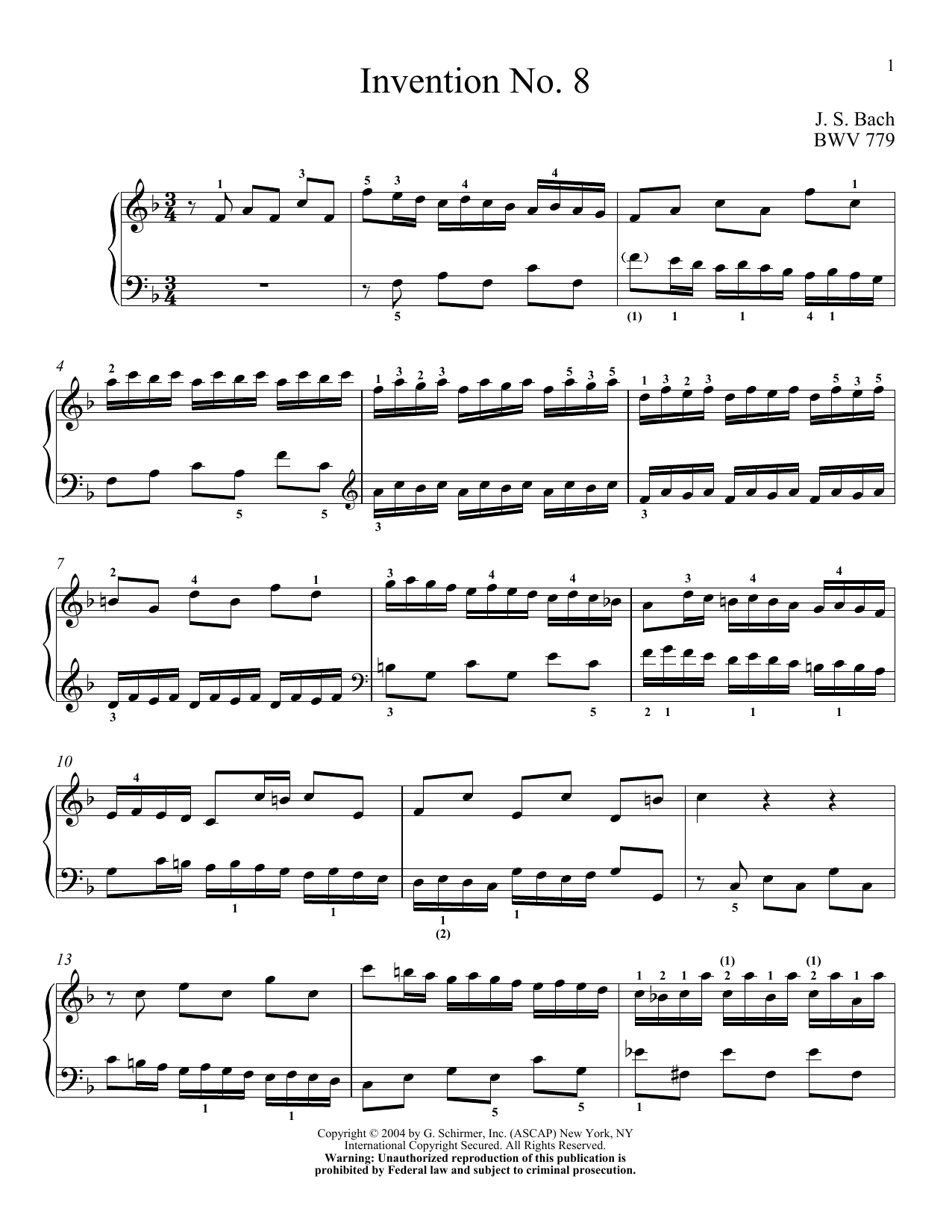 Johann Sebastian Bach Two-Part Invention In F Major sheet music notes and chords arranged for Piano Solo