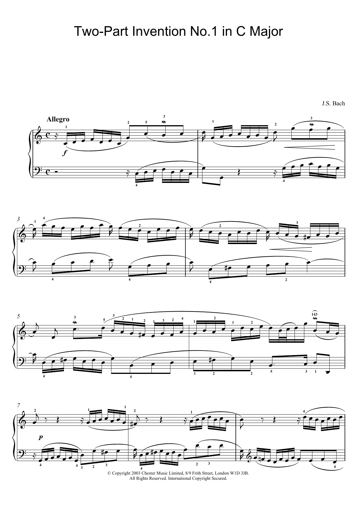 Johann Sebastian Bach Two-Part Invention No. 1 in C Major sheet music notes and chords arranged for Piano Solo