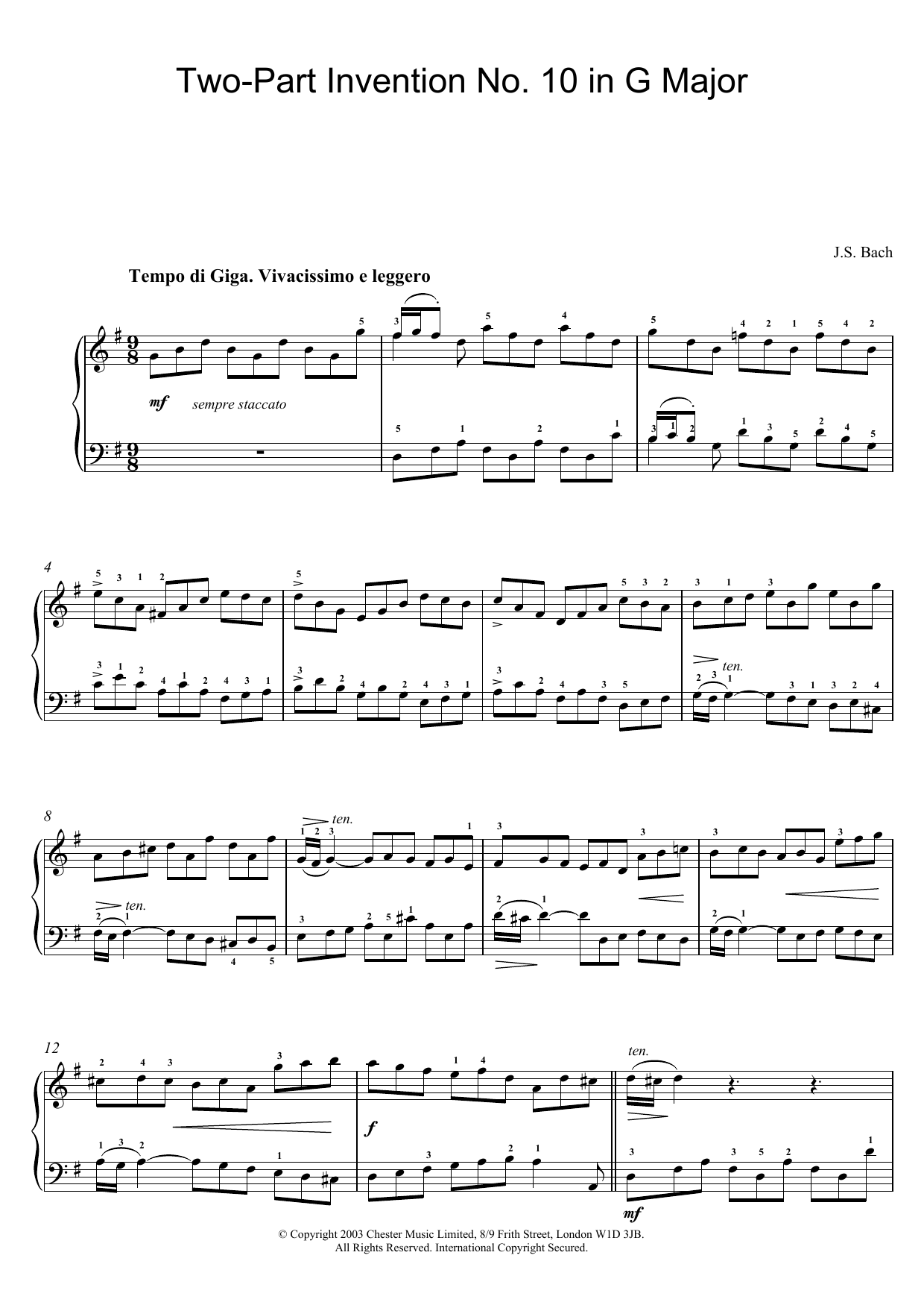 Johann Sebastian Bach Two-Part Invention No. 10 in G Major sheet music notes and chords arranged for Piano Solo
