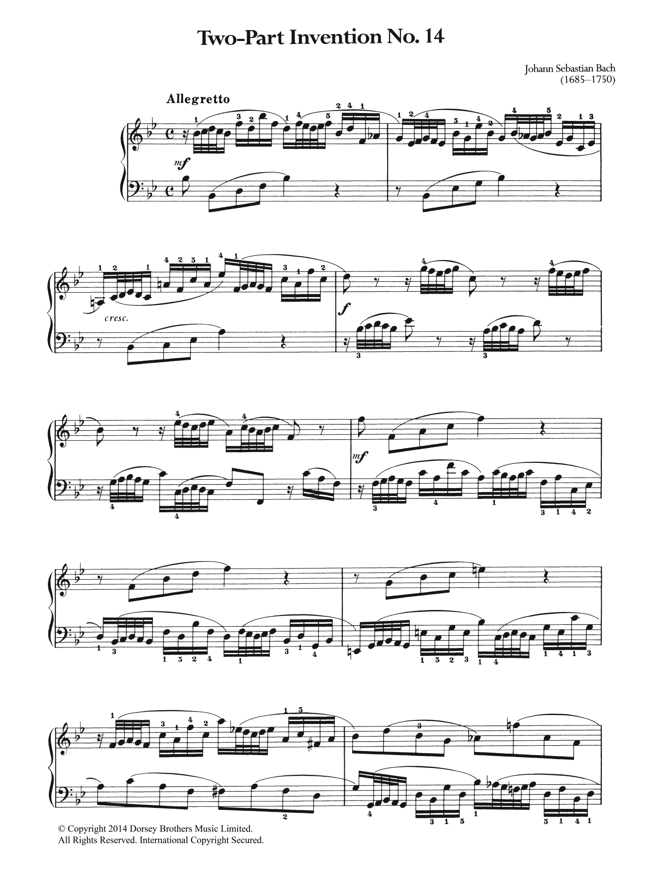 Johann Sebastian Bach Two-Part Invention No. 14 sheet music notes and chords arranged for Piano Solo