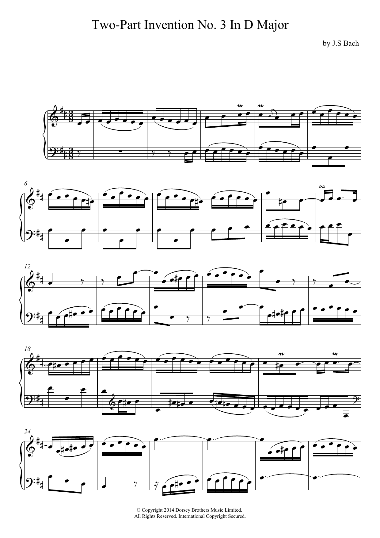Johann Sebastian Bach Two-Part Invention No. 3 In D Major sheet music notes and chords arranged for Piano Solo