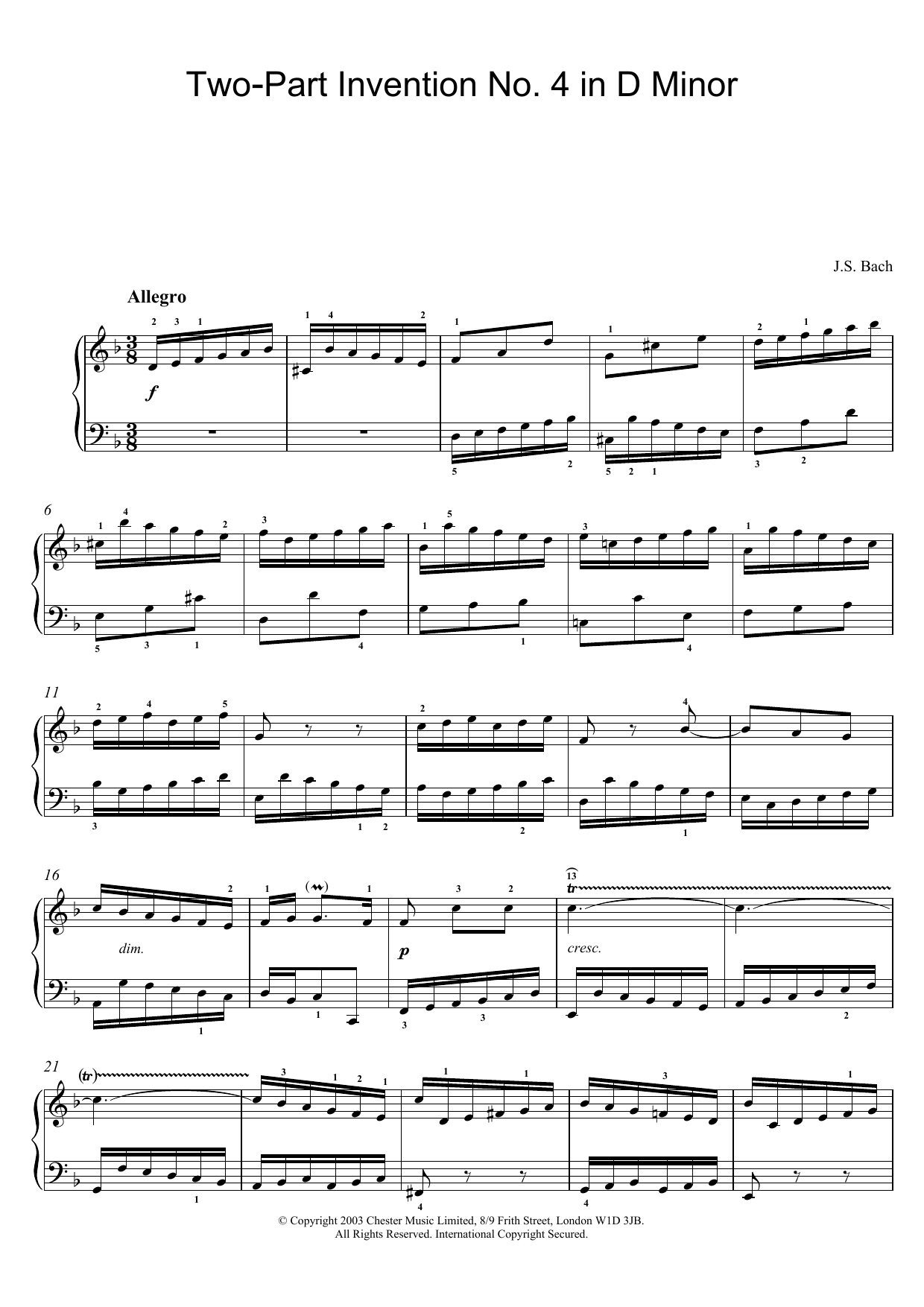 Johann Sebastian Bach Two-Part Invention No. 4 in D Minor sheet music notes and chords arranged for Piano Solo