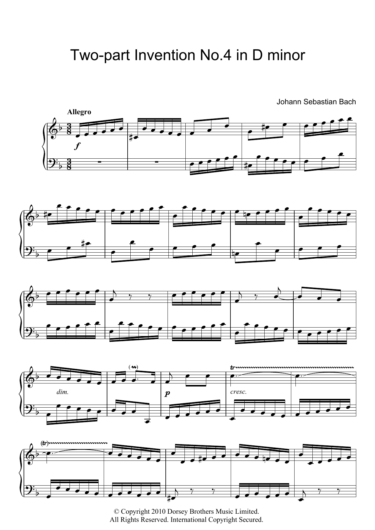 Johann Sebastian Bach Two-Part Invention No. 4 sheet music notes and chords arranged for Piano Solo