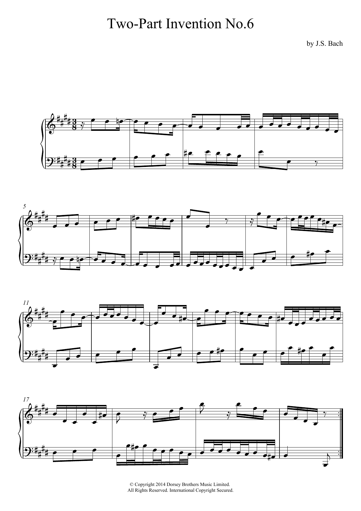 Johann Sebastian Bach Two-Part Invention No. 6 In E Major sheet music notes and chords arranged for Piano Solo