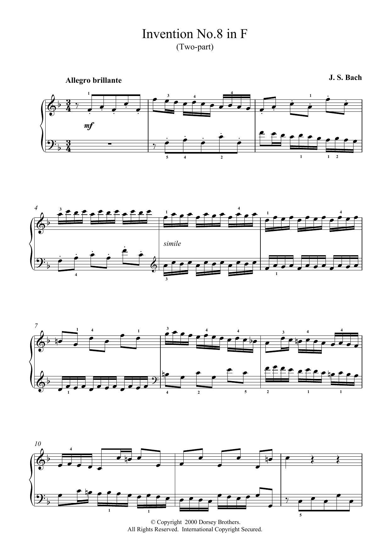 Johann Sebastian Bach Two-Part Invention No. 8 in F Major sheet music notes and chords arranged for Piano Solo