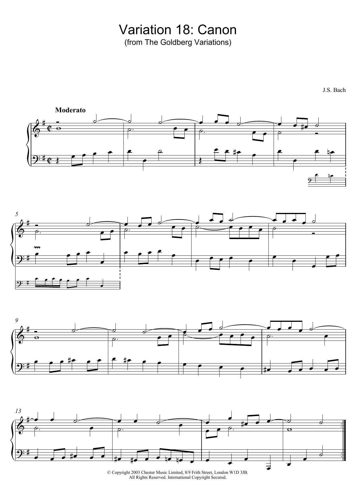 Johann Sebastian Bach Variation 18: Canon (from The Goldberg Variations) sheet music notes and chords arranged for Piano Solo