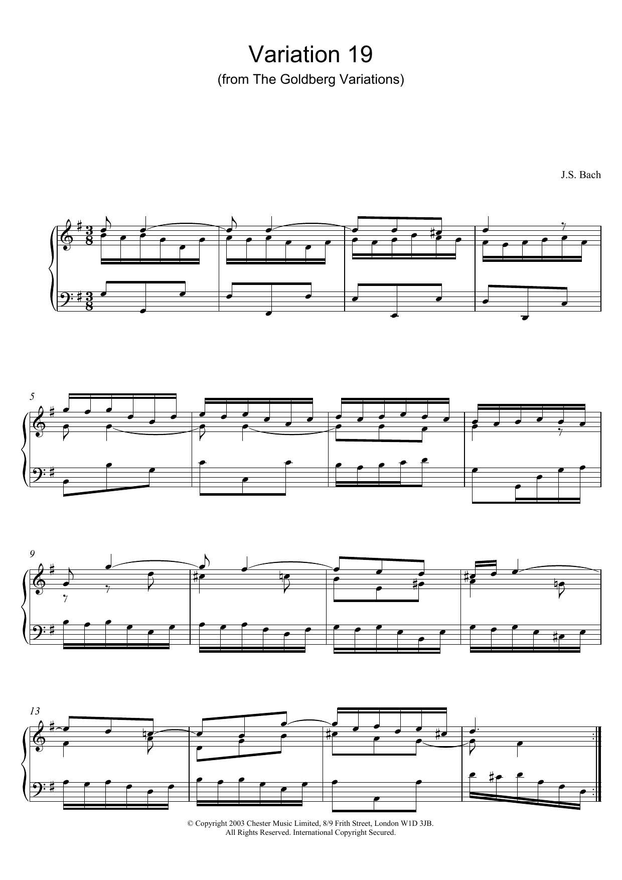 Johann Sebastian Bach Variation 19 (from The Goldberg Variations) sheet music notes and chords arranged for Piano Solo
