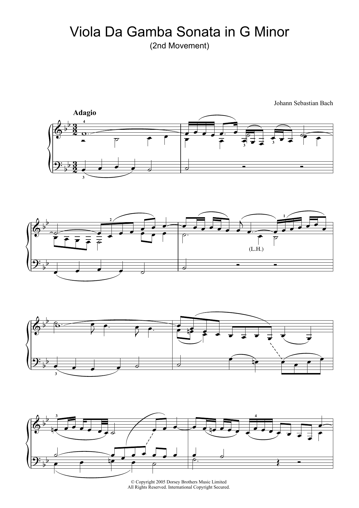 Johann Sebastian Bach Viola da Gamba Sonata In G Minor (2nd Movement) sheet music notes and chords arranged for Piano Solo