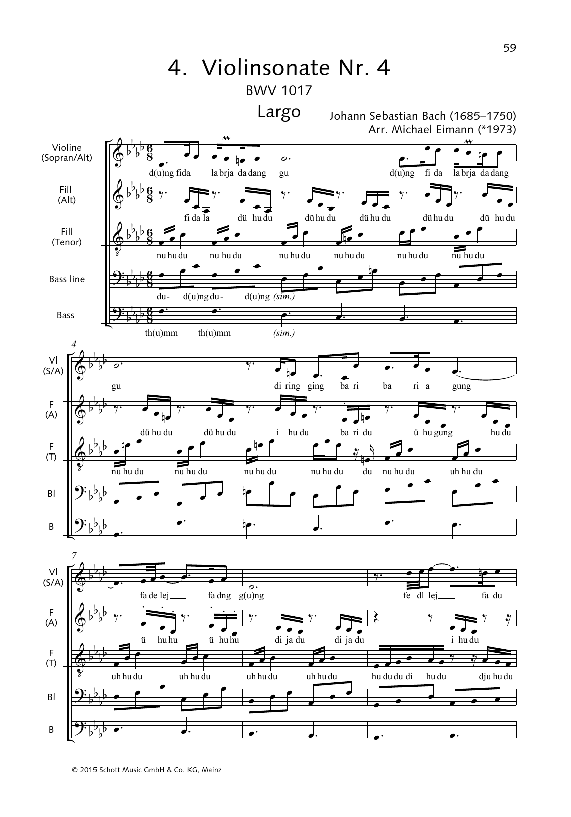Johann Sebastian Bach Violin Sonata No. 4 (Largo) sheet music notes and chords arranged for Choir