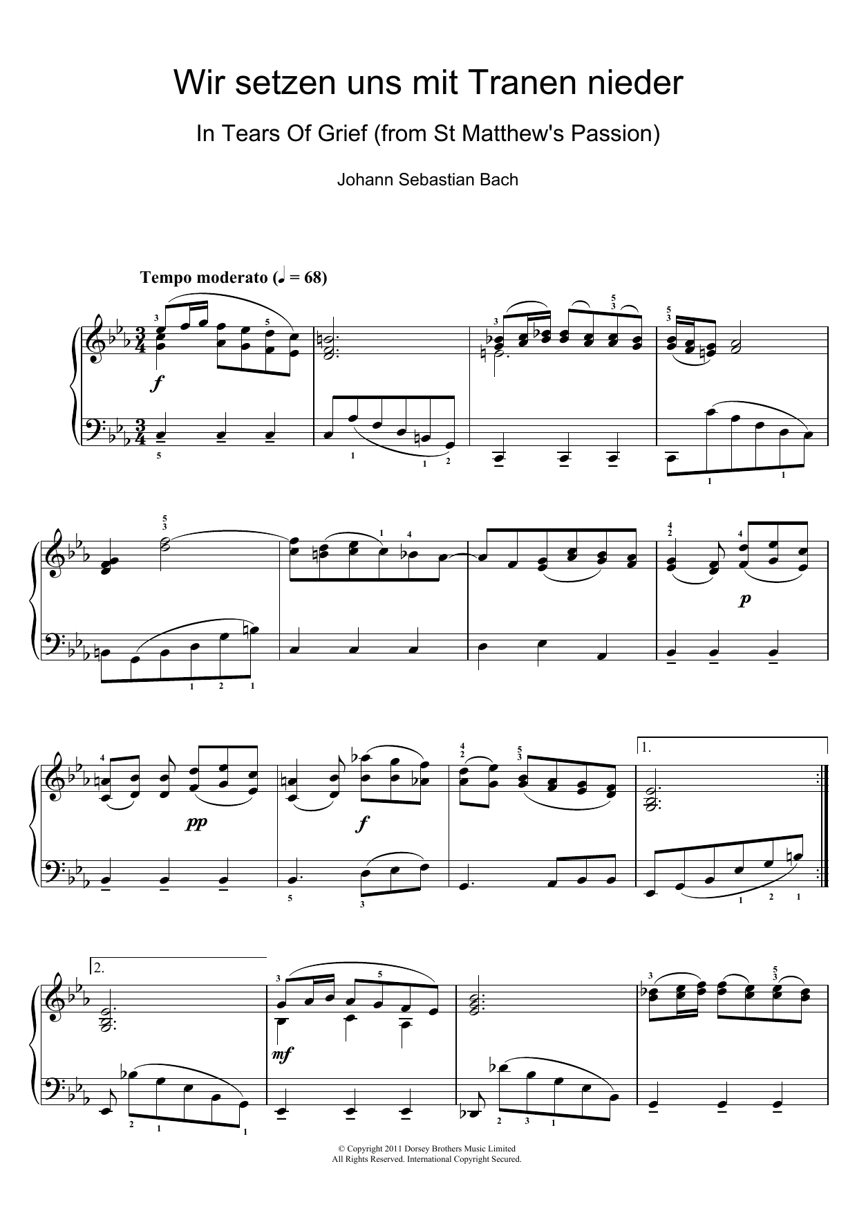Johann Sebastian Bach Wir setzen uns mit Tranen nieder sheet music notes and chords arranged for Piano Solo