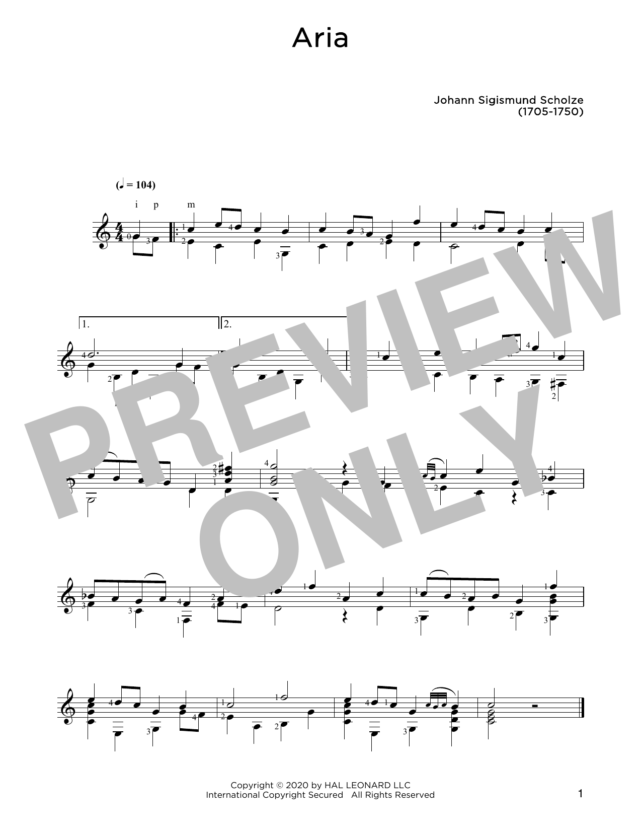 Johann Sigismund Scholze Aria sheet music notes and chords arranged for Solo Guitar