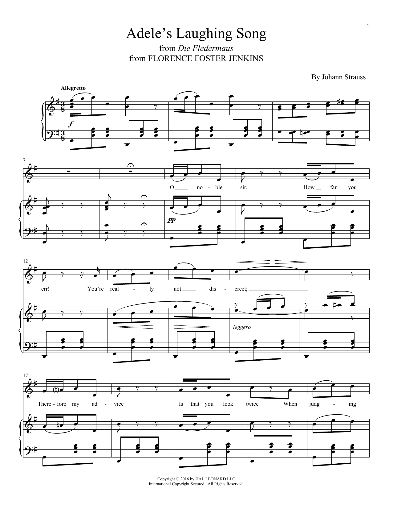 Johann Strauss Adele's Laughing Song sheet music notes and chords arranged for Piano & Vocal