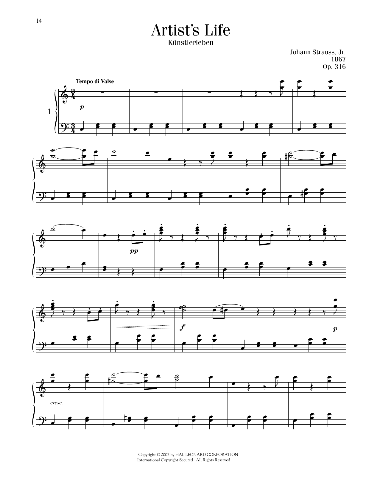 Johann Strauss Artist's Life, Op. 316 sheet music notes and chords arranged for Piano Solo