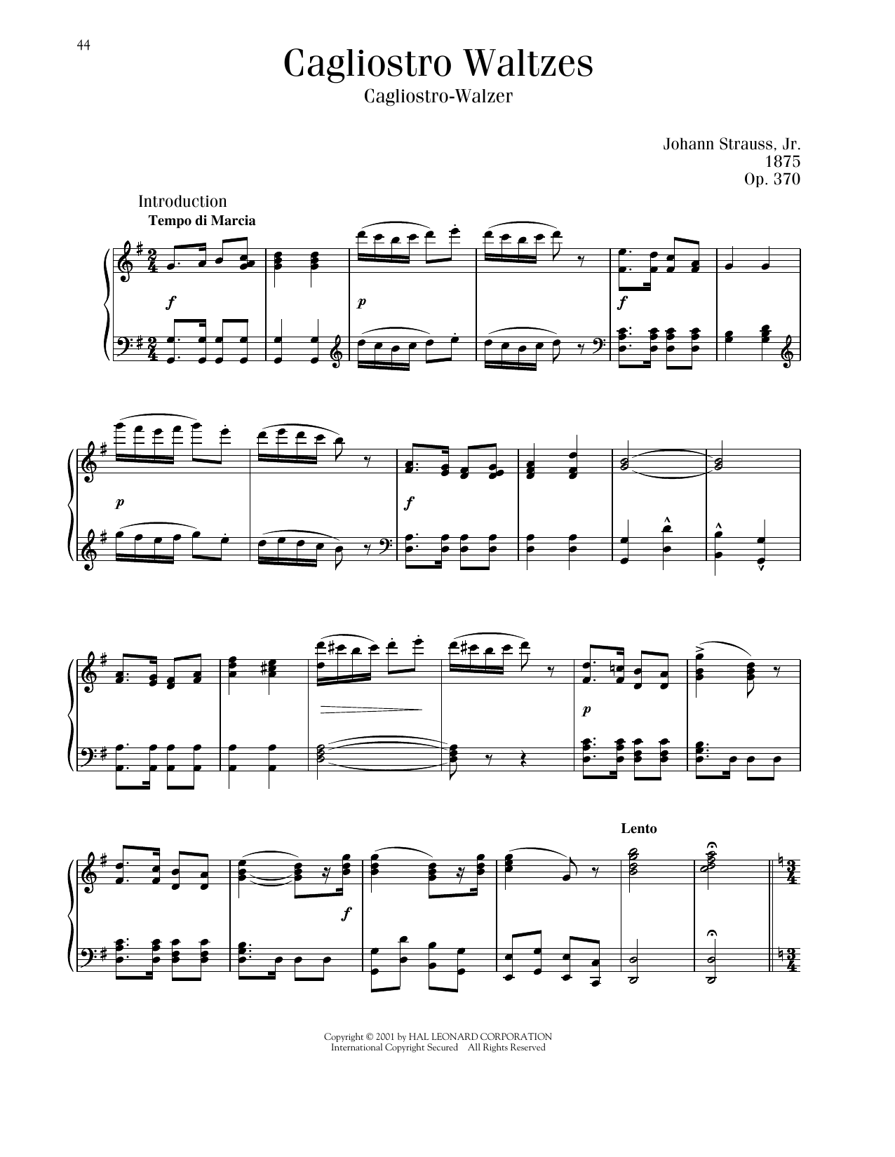 Johann Strauss Cagliostro Waltzes, Op. 370 sheet music notes and chords arranged for Piano Solo