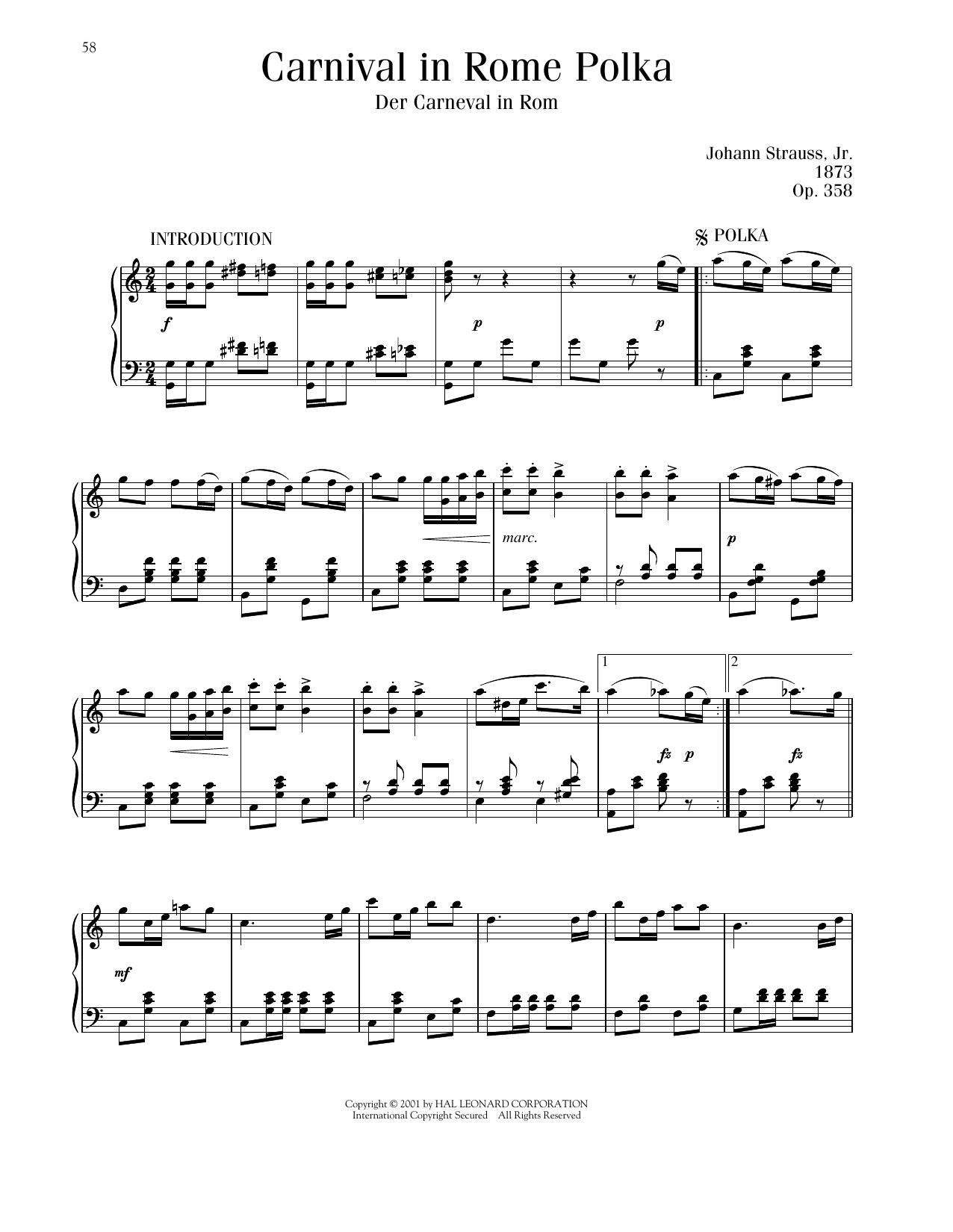 Johann Strauss Carnival In Rome Polka, Op. 358 sheet music notes and chords arranged for Piano Solo