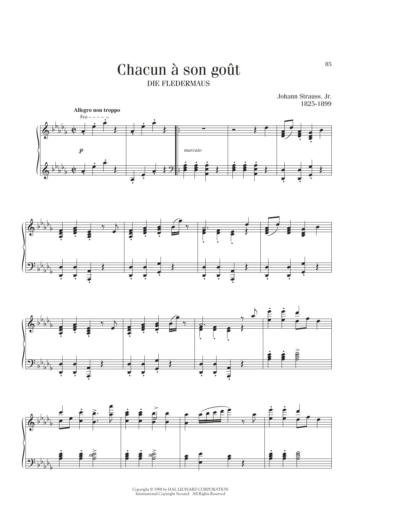 Johann Strauss Chacun A Son Gout sheet music notes and chords arranged for Piano Solo