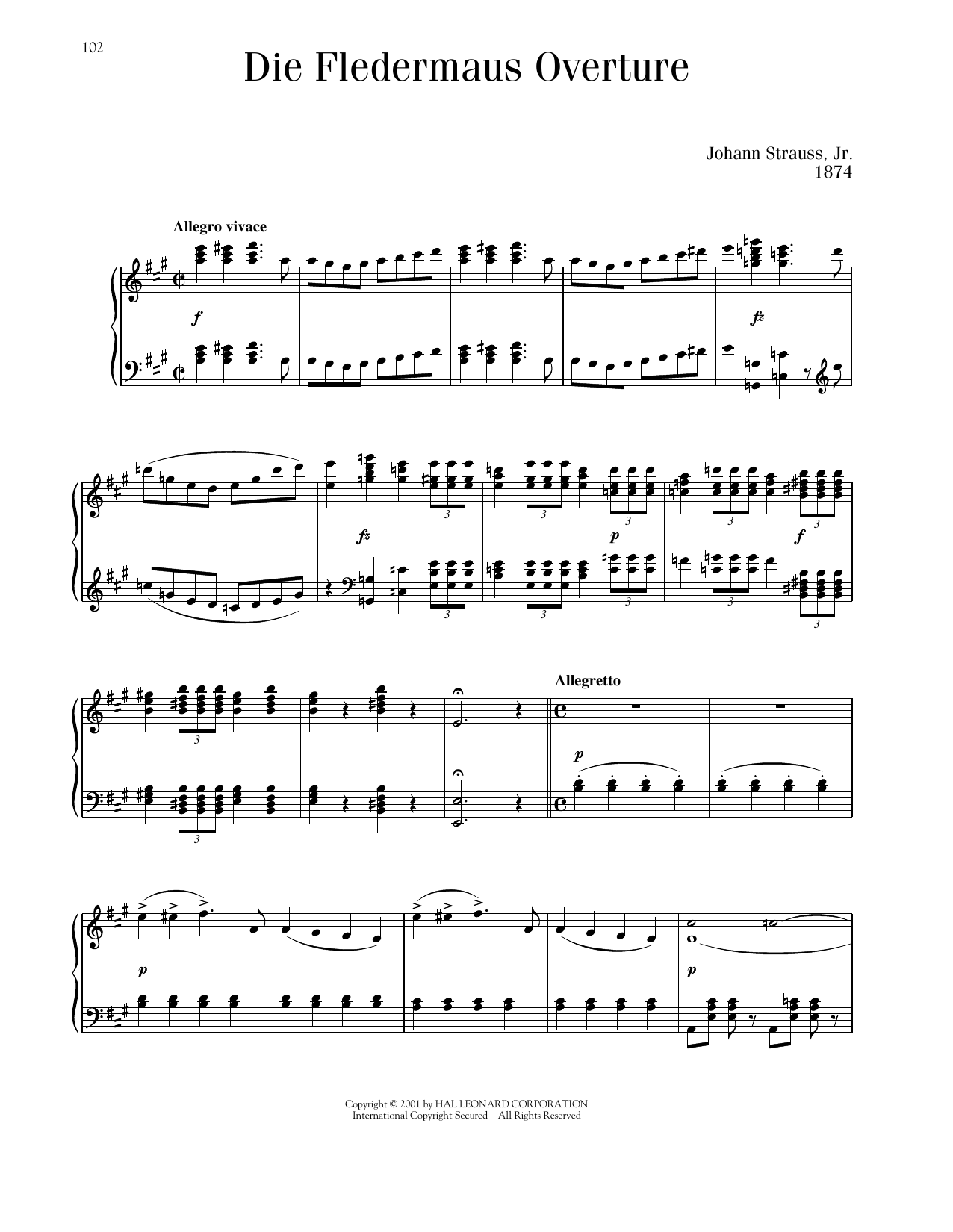 Johann Strauss Die Fledermaus Overture sheet music notes and chords arranged for Piano Solo