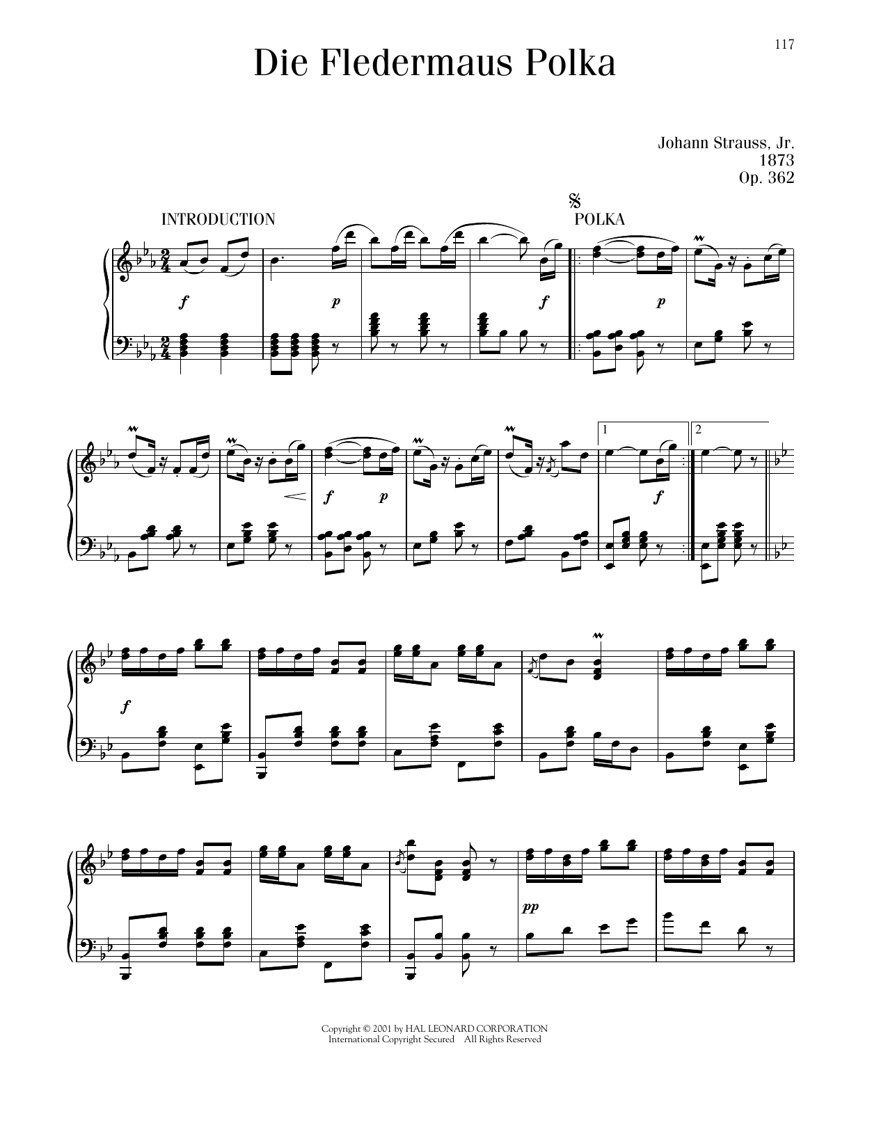 Johann Strauss Die Fledermaus Polka, Op. 362 sheet music notes and chords arranged for Piano Solo