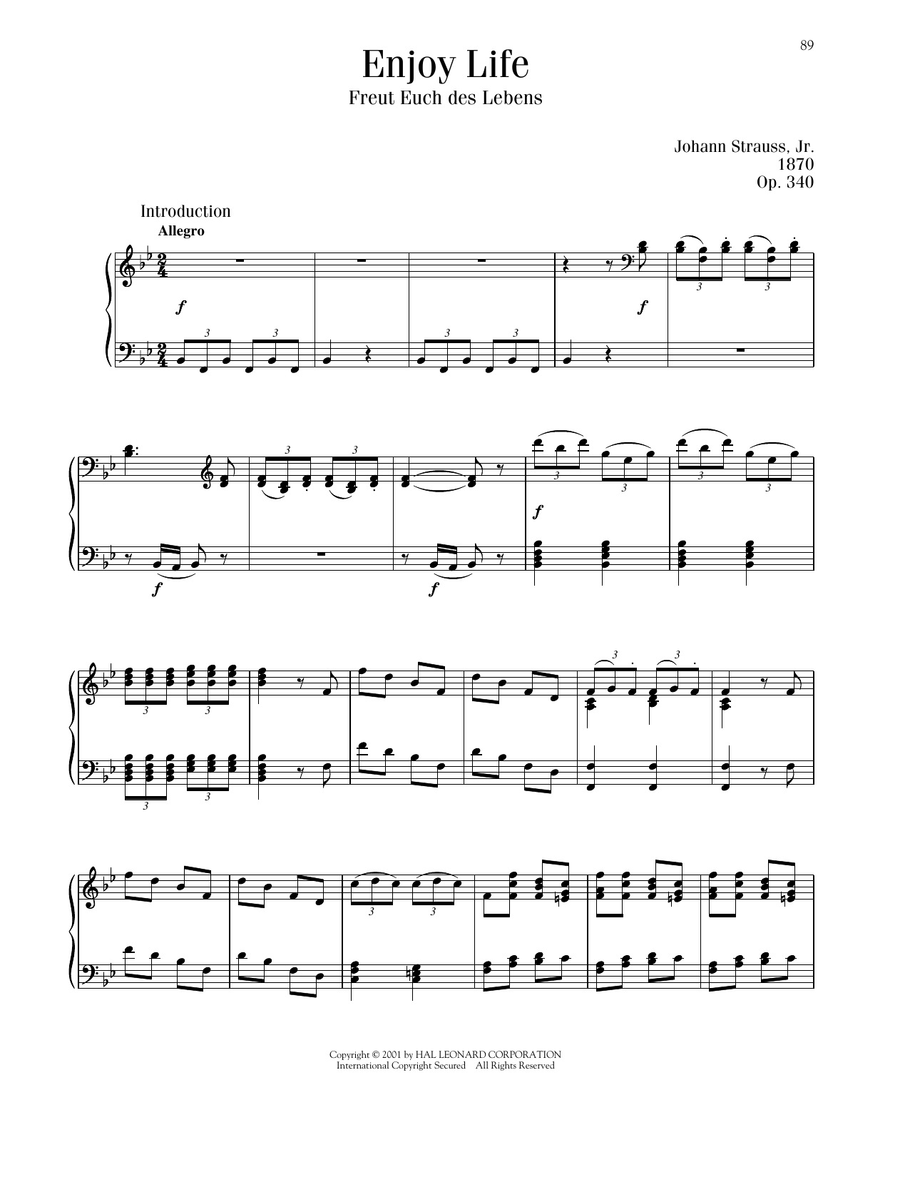 Johann Strauss Enjoy Life, Op. 340 sheet music notes and chords arranged for Piano Solo