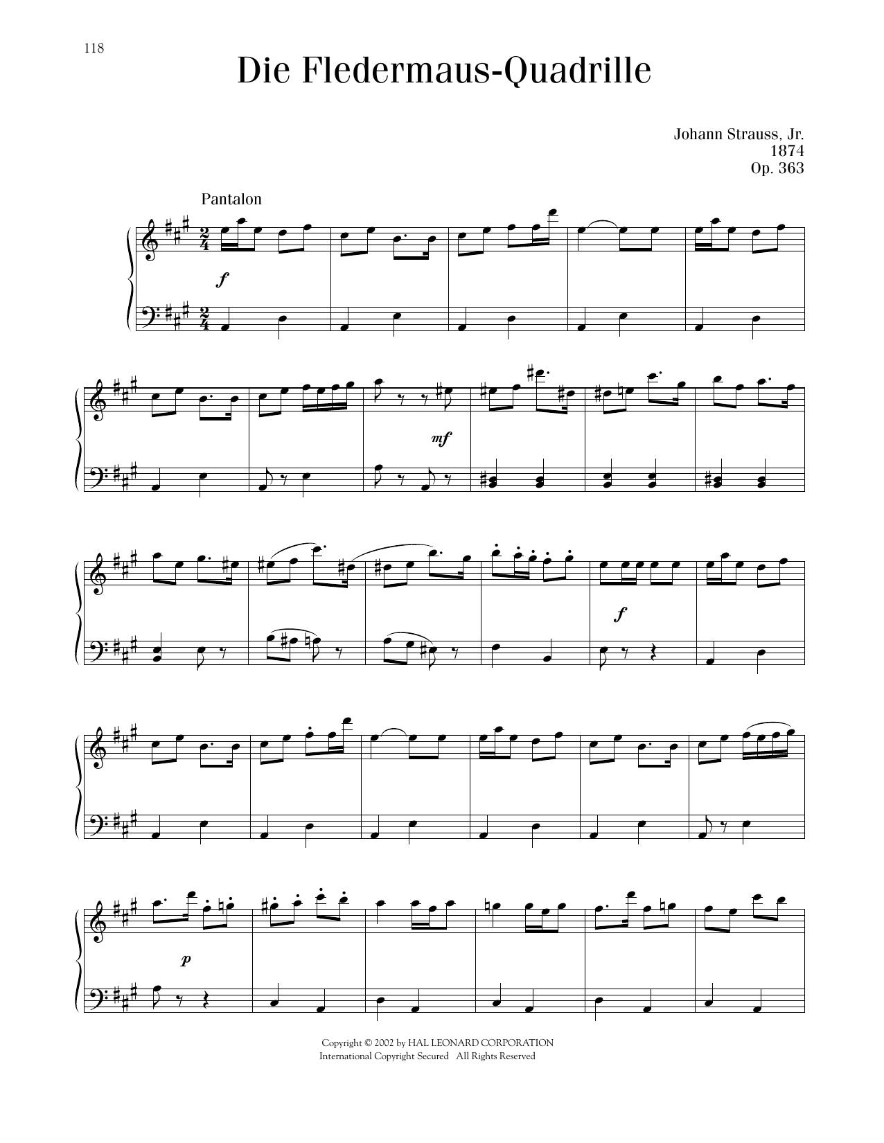 Johann Strauss Fledermaus-Quadrille, Op. 363 sheet music notes and chords arranged for Piano Solo