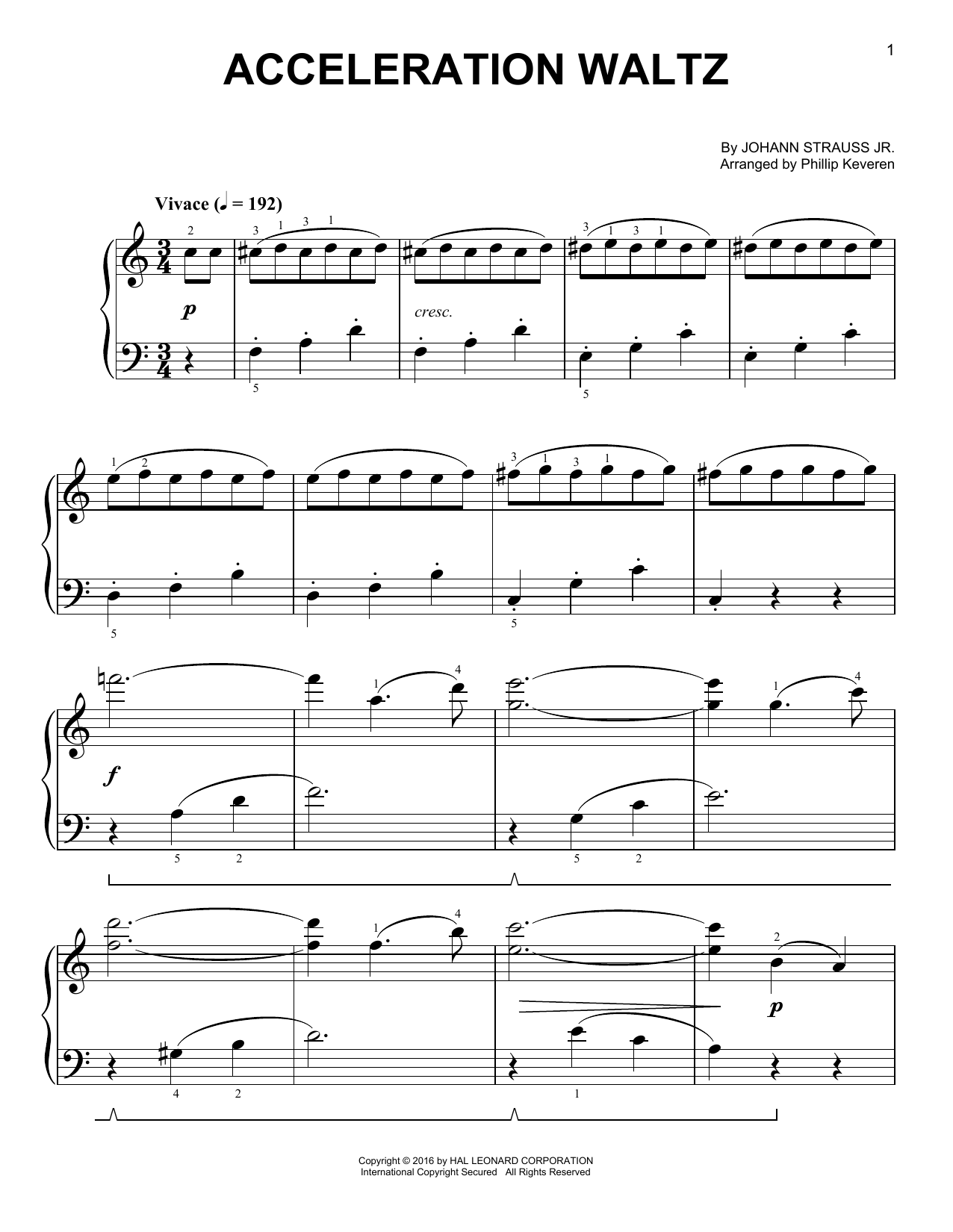 Johann Strauss II Acceleration Waltz [Classical version] (arr. Phillip Keveren) sheet music notes and chords arranged for Easy Piano