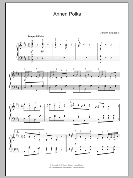 Johann Strauss II Annen Polka, Op. 117 sheet music notes and chords arranged for Piano Solo