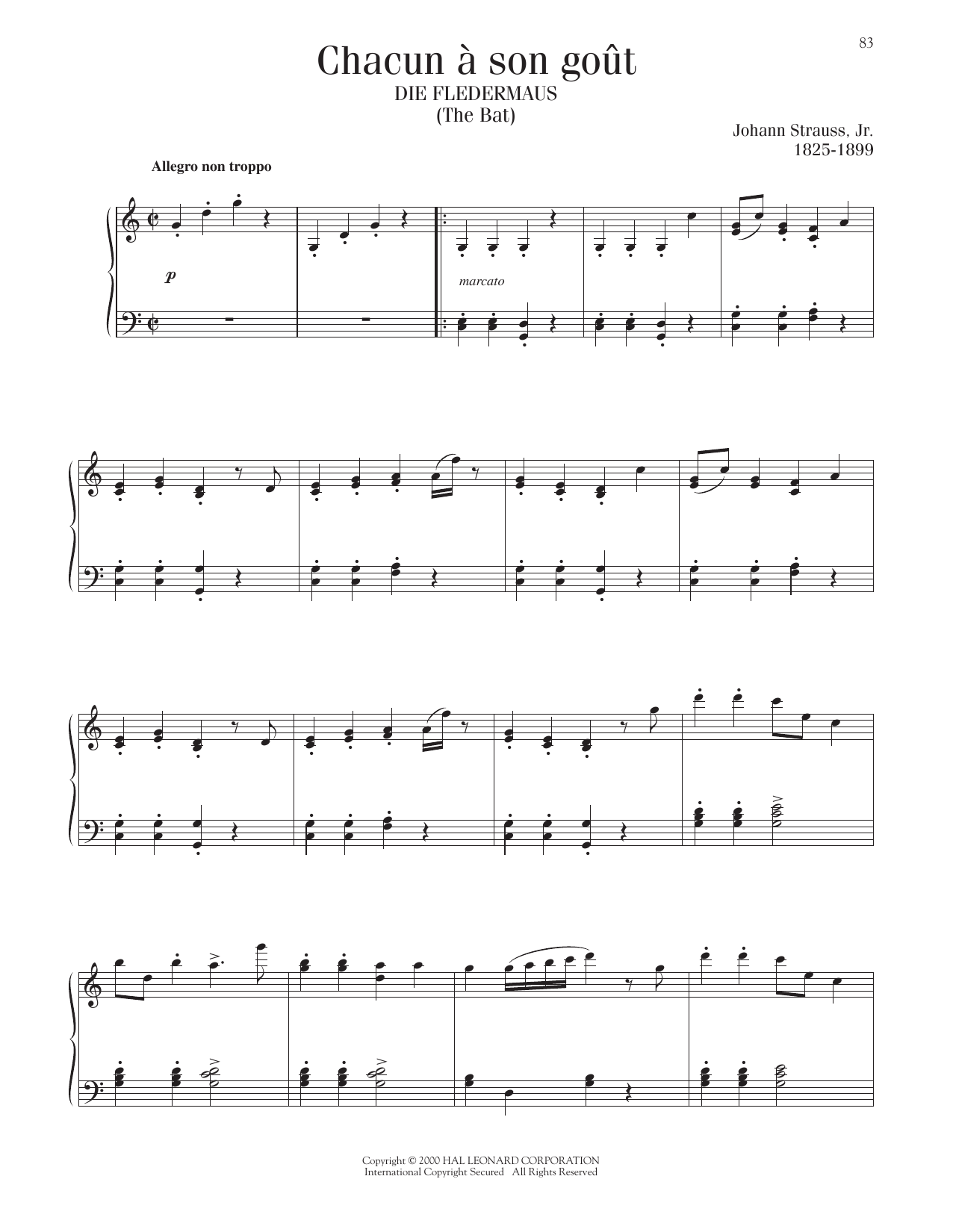 Johann Strauss II Chacun A Son Gout sheet music notes and chords arranged for Piano Solo