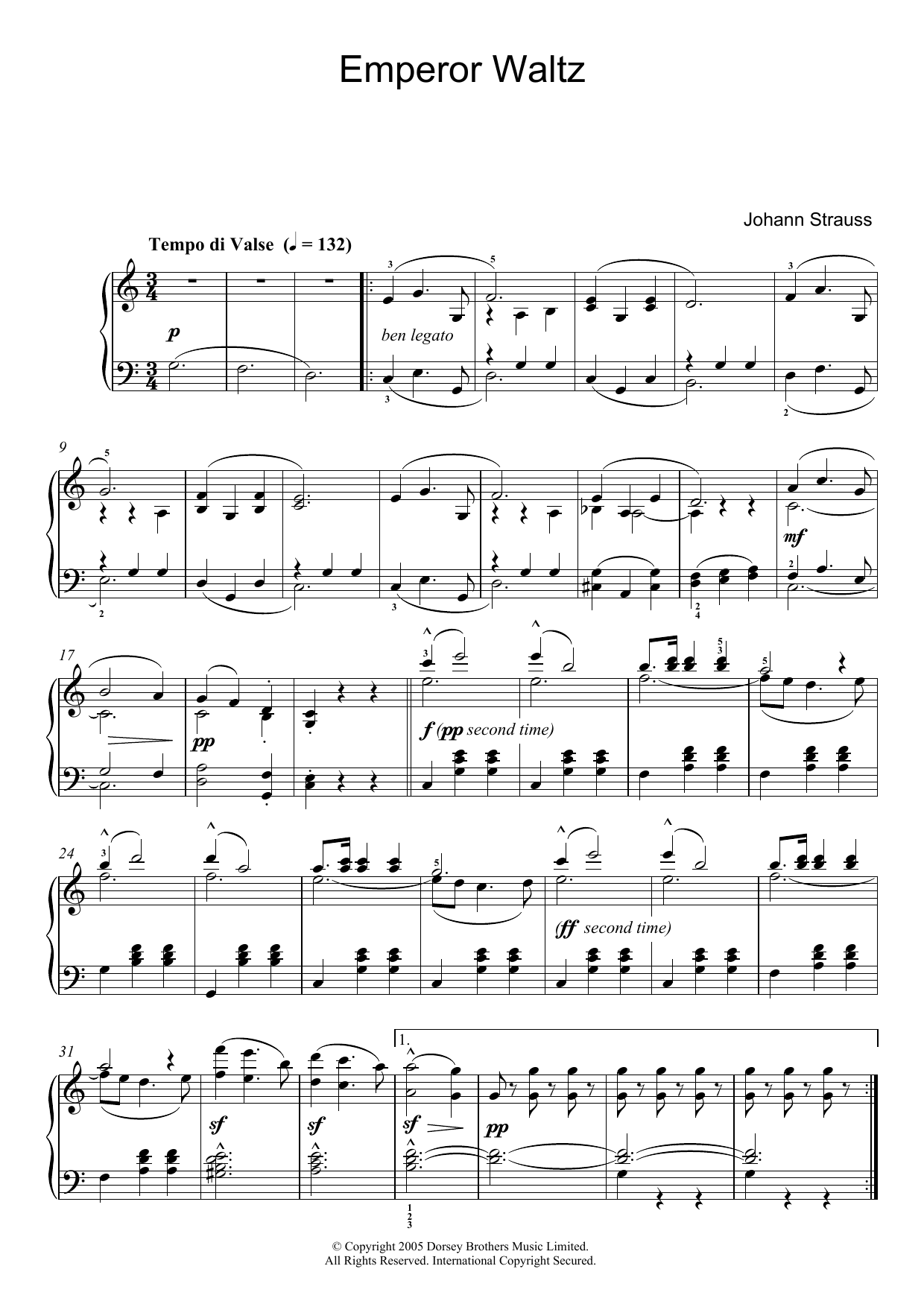 Johann Strauss II Emperor Waltz sheet music notes and chords arranged for Beginner Piano