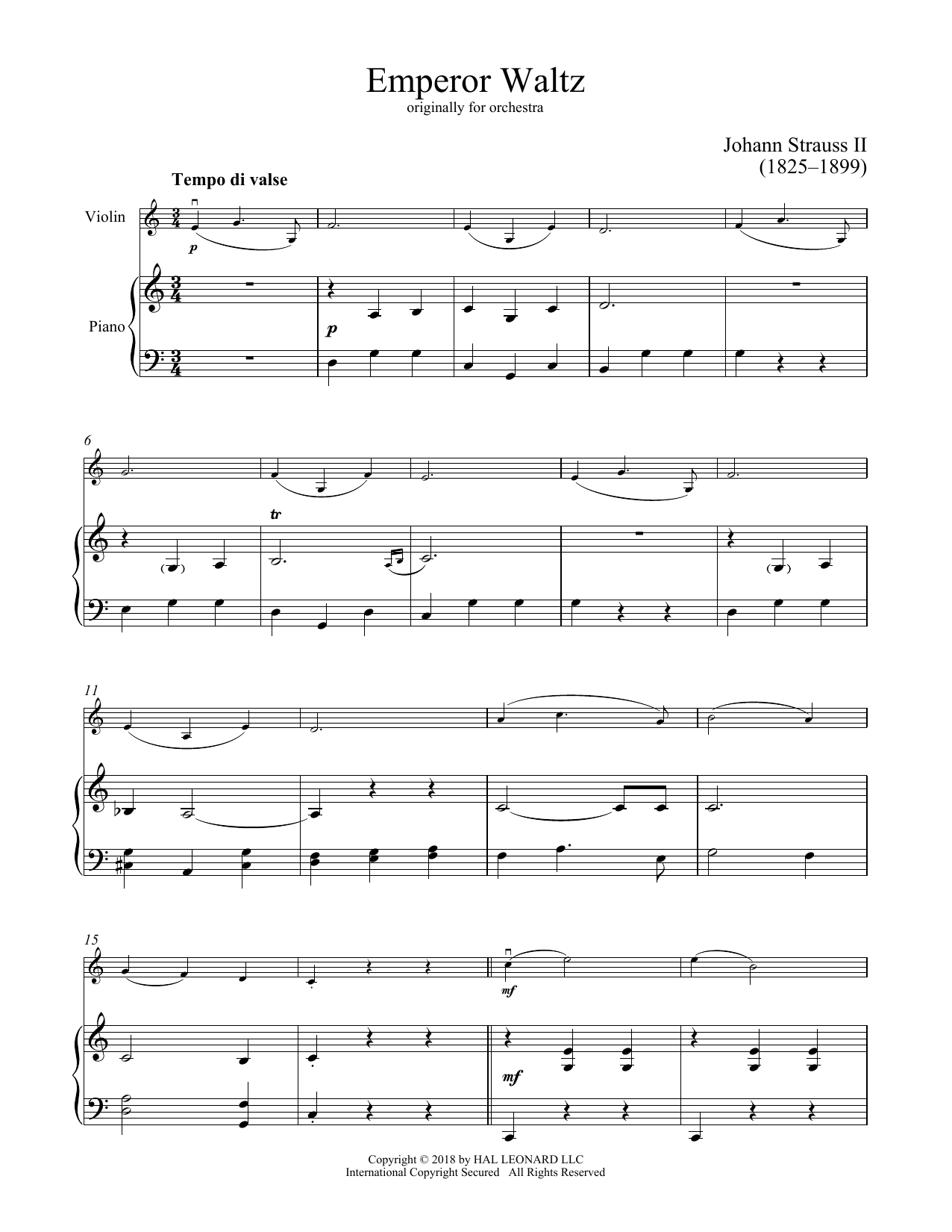 Johann Strauss II Emperor Waltz, Op. 437 sheet music notes and chords arranged for Piano Solo